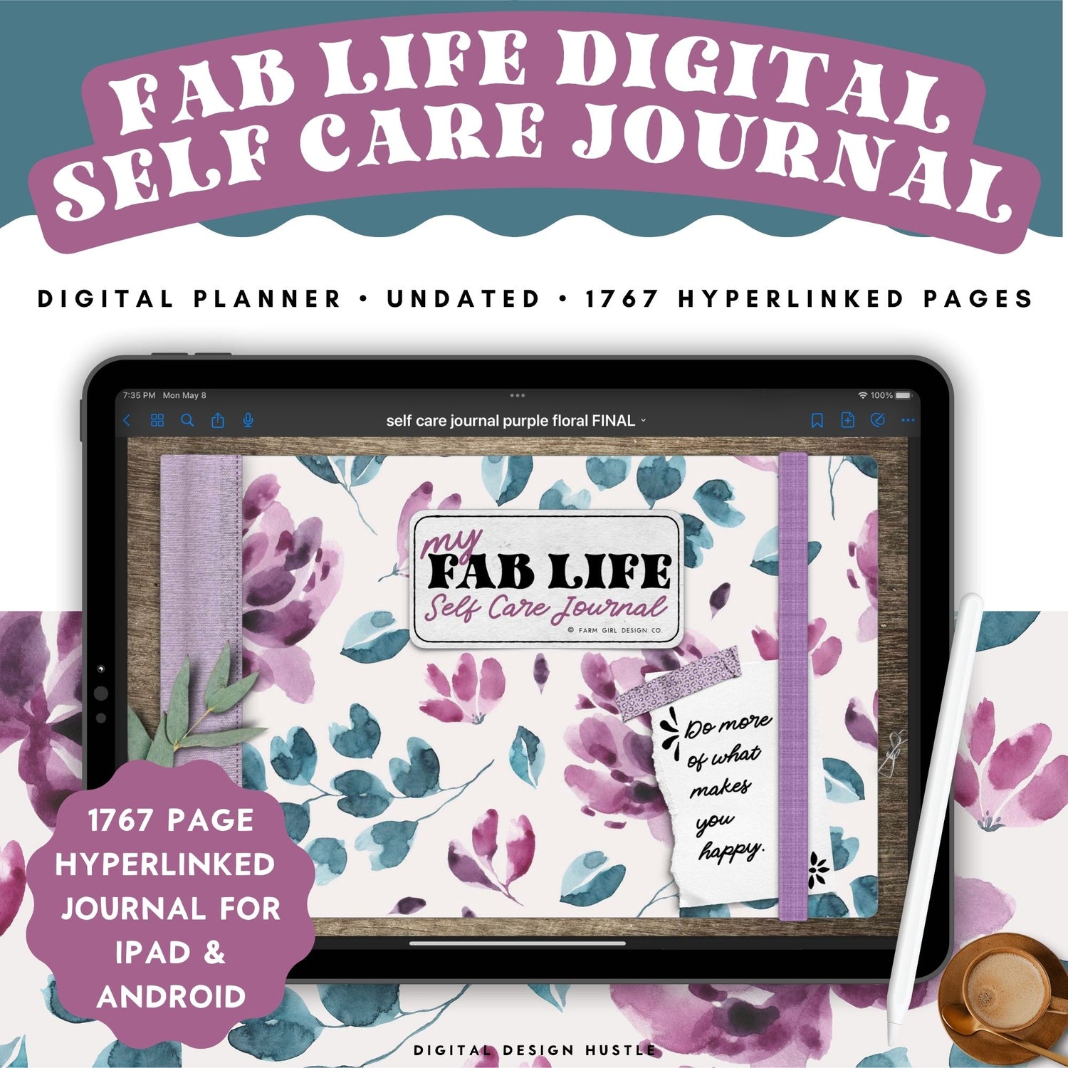 Take care of your mind, body, and health with this floral watercolor digital Self Care Journal. Use this beautifully designed planner to record and take note of your mental health. This digital self-care planner has 1767 hyperlinked pages for monthly and daily self-care. 