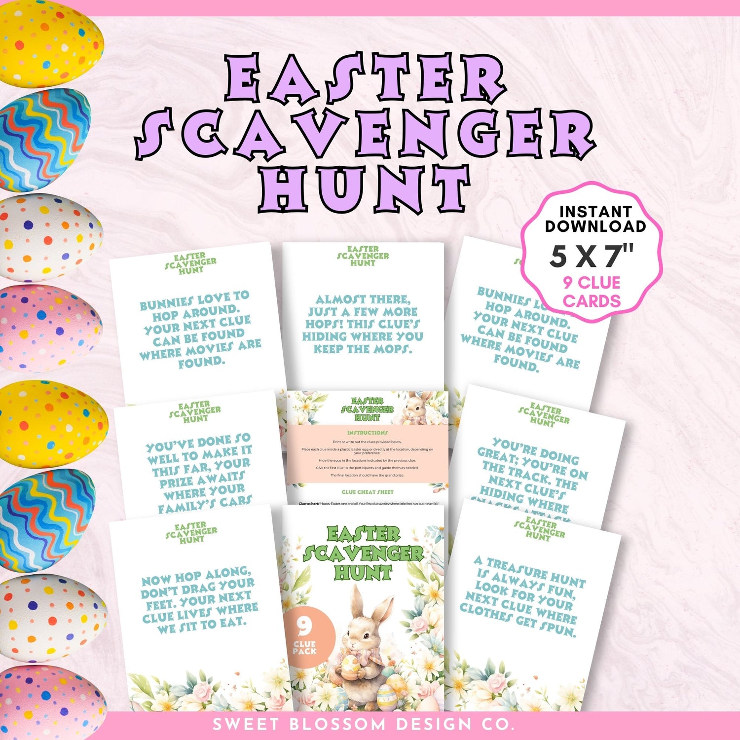 Get ready to hop into Easter fun with our delightful set of 9 printable Easter Scavenger Hunt Clue cards! Whether you&