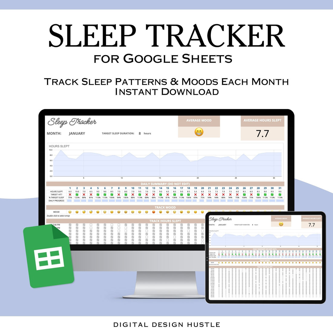 Elevate your sleep monitoring game with our intuitive Sleep Tracker Spreadsheet with mood tracker is tailored for Google Sheets! Our streamlined one-tab planner simplifies the process of tracking your sleep patterns and moods month by month.