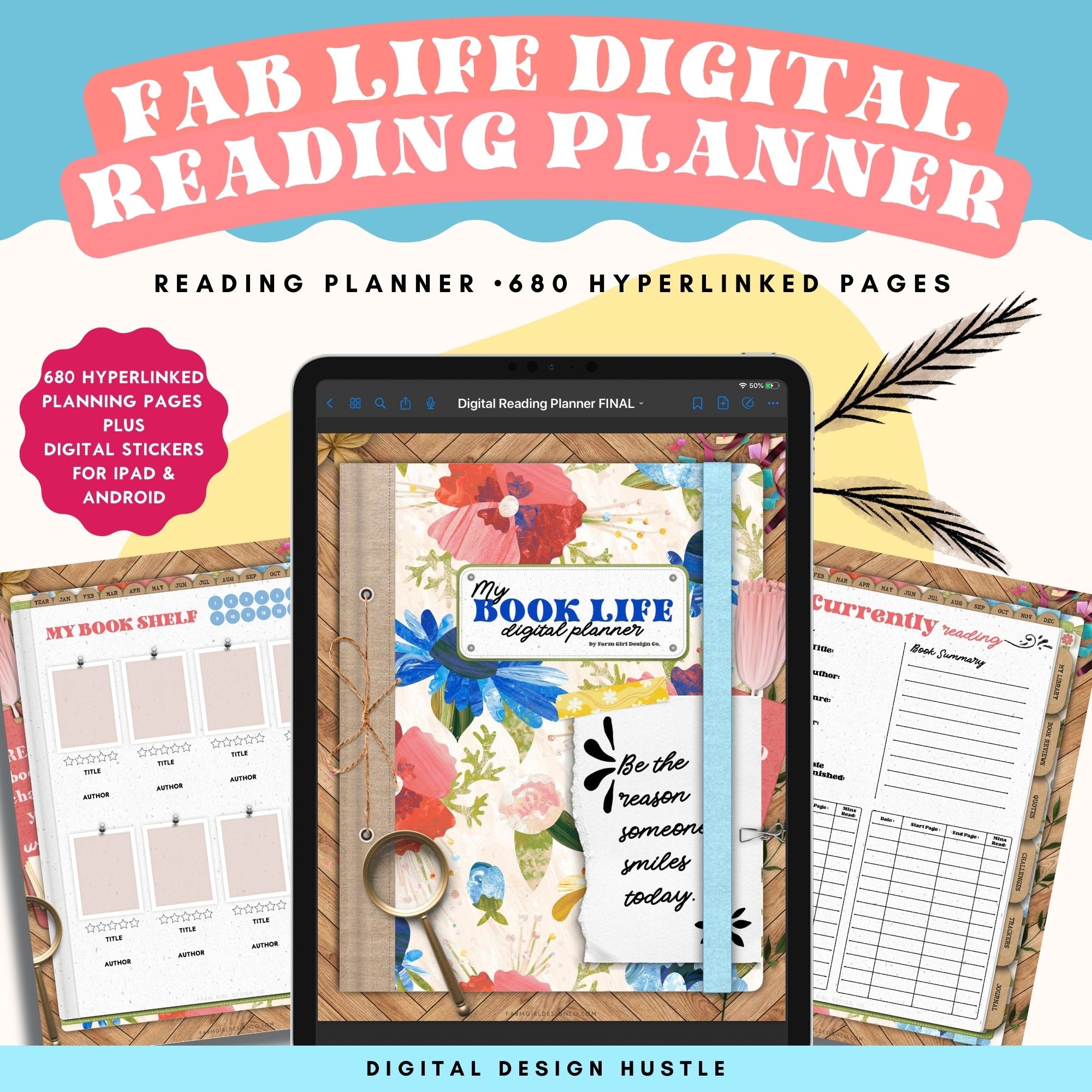 This bright and cheery floral-themed digital reading planner is a fun way to track reading progress, take notes in the digital notebook, and write ideas and thoughts in the digital journal. This 680-page reading planner includes 19 different hyperlinked sections including reading logs, book trackers, and more. 