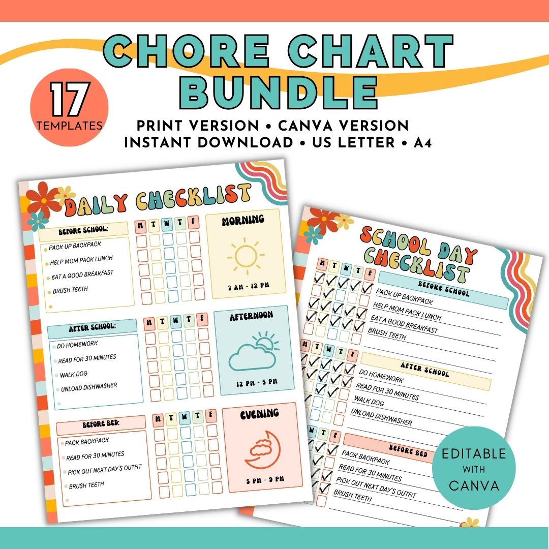 Introducing our retro themed Family Chore Chart Bundle - the ultimate tool to streamline household responsibilities and instill valuable life skills in your children! This comprehensive package includes a whopping 17 different chore chart checklists to cater to your family&