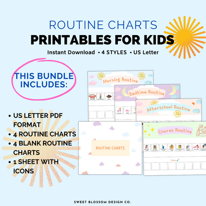 Keep the kids on task with these printable Routine Charts. This set of 4 routine charts for kids Teaches responsibility to your children. This routine chart bundle comes in four different styles. Track chore progress and rewards with this printable for kids.