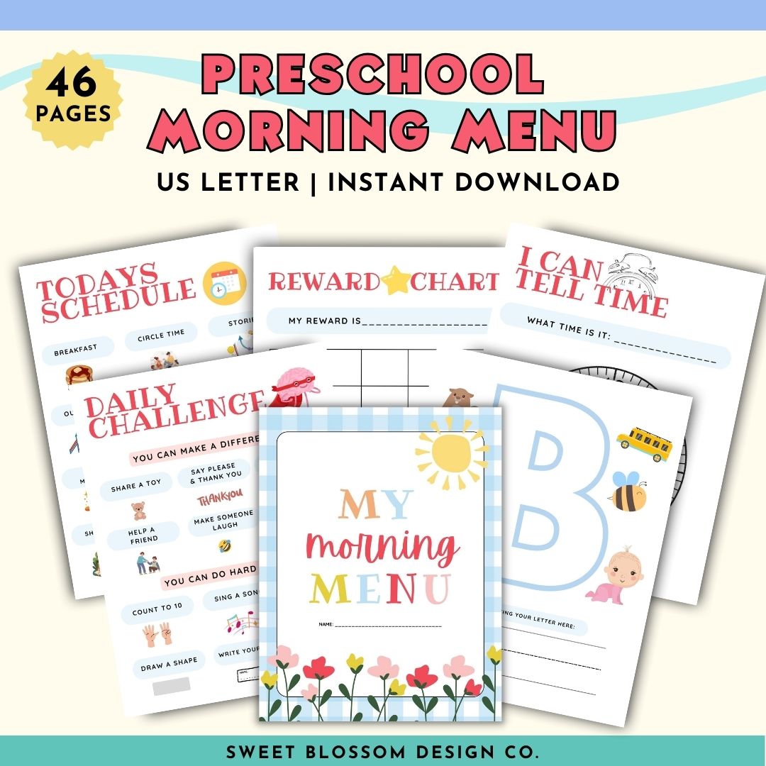 Introducing our comprehensive Homeschool Bundle, featuring the Preschool Morning Menu Printable, a cornerstone of Morning Time in any Homeschool Preschool. This workbook bundle comes complete with Morning Menu Pages, Preschool Worksheets, a Morning Calendar, and even a Name Tracing feature.