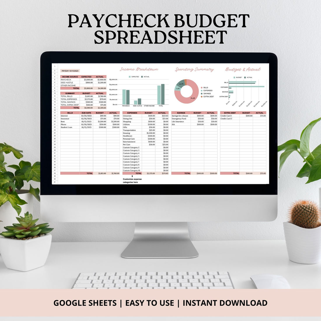 Welcome to our Budget By Paycheck Google Sheets Planner, a powerful tool designed to help you take control of your finances effortlessly. This 2-tab spreadsheet includes a comprehensive Paycheck Budget and an intuitive Expense Tracker, providing you with a holistic approach to managing your finances.
