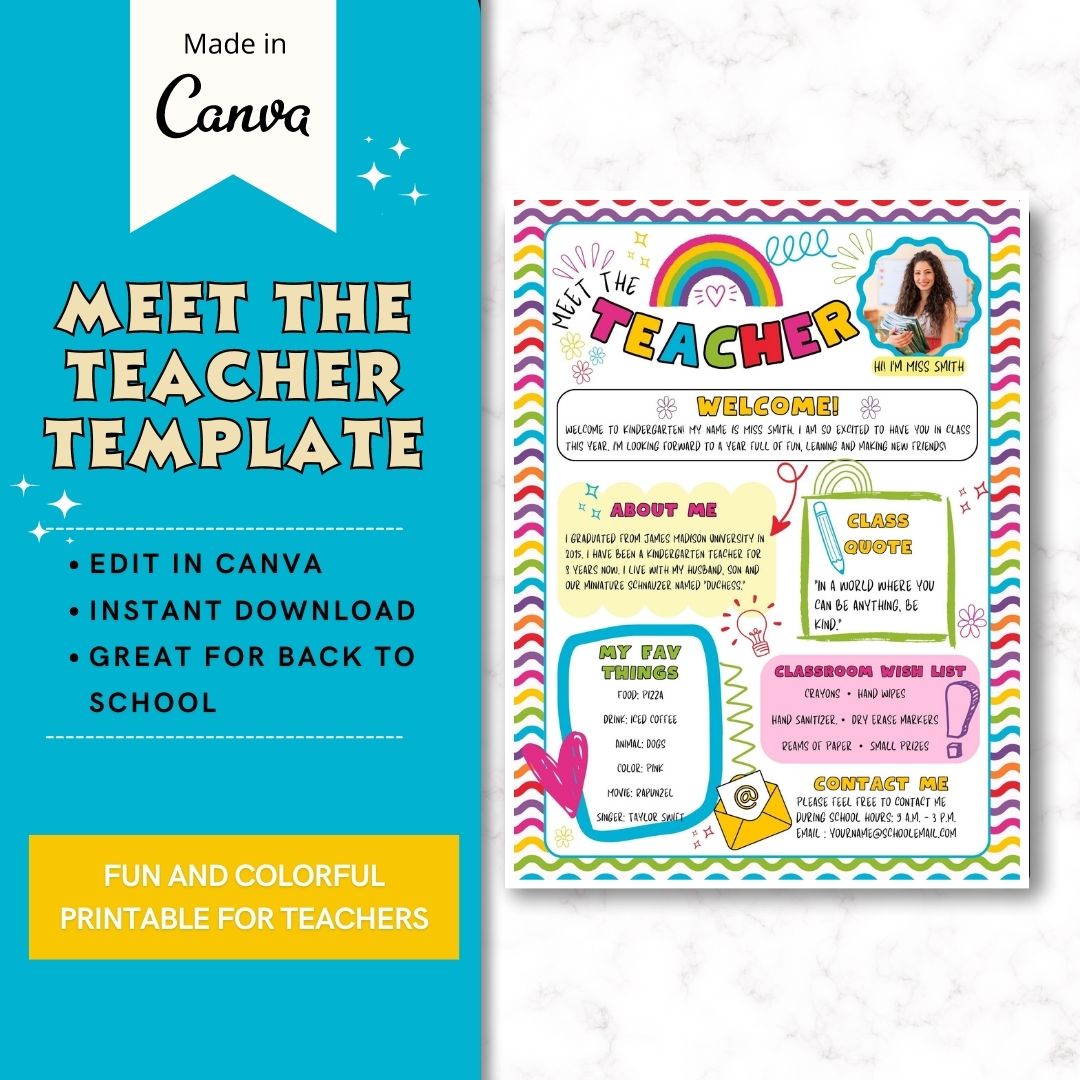 Welcome to our bright and colorful &quot;Meet The Teacher&quot; Canva template, designed to make a lasting impression on your students and their families! This editable Canva template is perfect for introducing yourself and creating a warm and inviting atmosphere for the upcoming school year. 