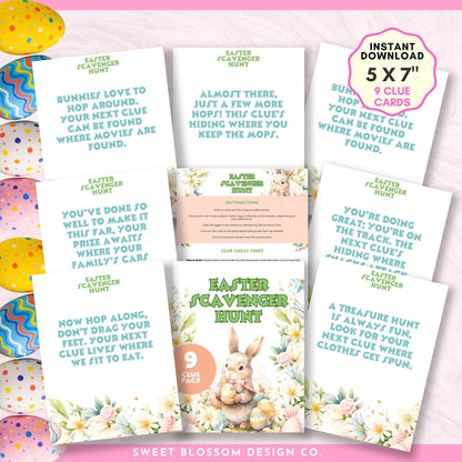 Get ready to hop into Easter fun with our delightful set of 9 printable Easter Scavenger Hunt Clue cards! Whether you&