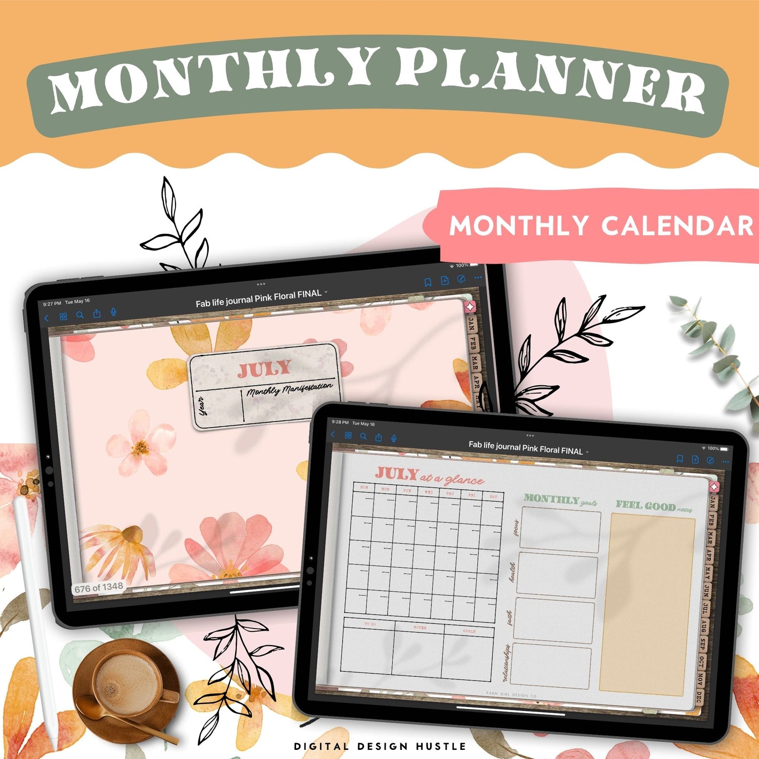 Take care of your mind, body and health with this floral digital gratitude journal. Use this beautifully designed planner to record and take note of your mental health. This self-care planner has 1348 hyperlinked pages for monthly and daily journaling. Track your gratitude for each day of the year.