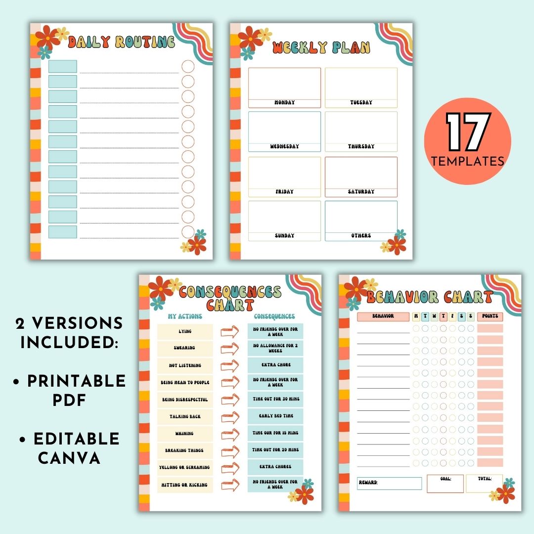Introducing our retro themed Family Chore Chart Bundle - the ultimate tool to streamline household responsibilities and instill valuable life skills in your children! This comprehensive package includes a whopping 17 different chore chart checklists to cater to your family&