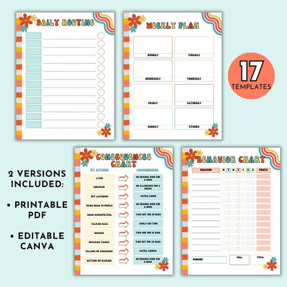 Introducing our retro themed Family Chore Chart Bundle - the ultimate tool to streamline household responsibilities and instill valuable life skills in your children! This comprehensive package includes a whopping 17 different chore chart checklists to cater to your family&