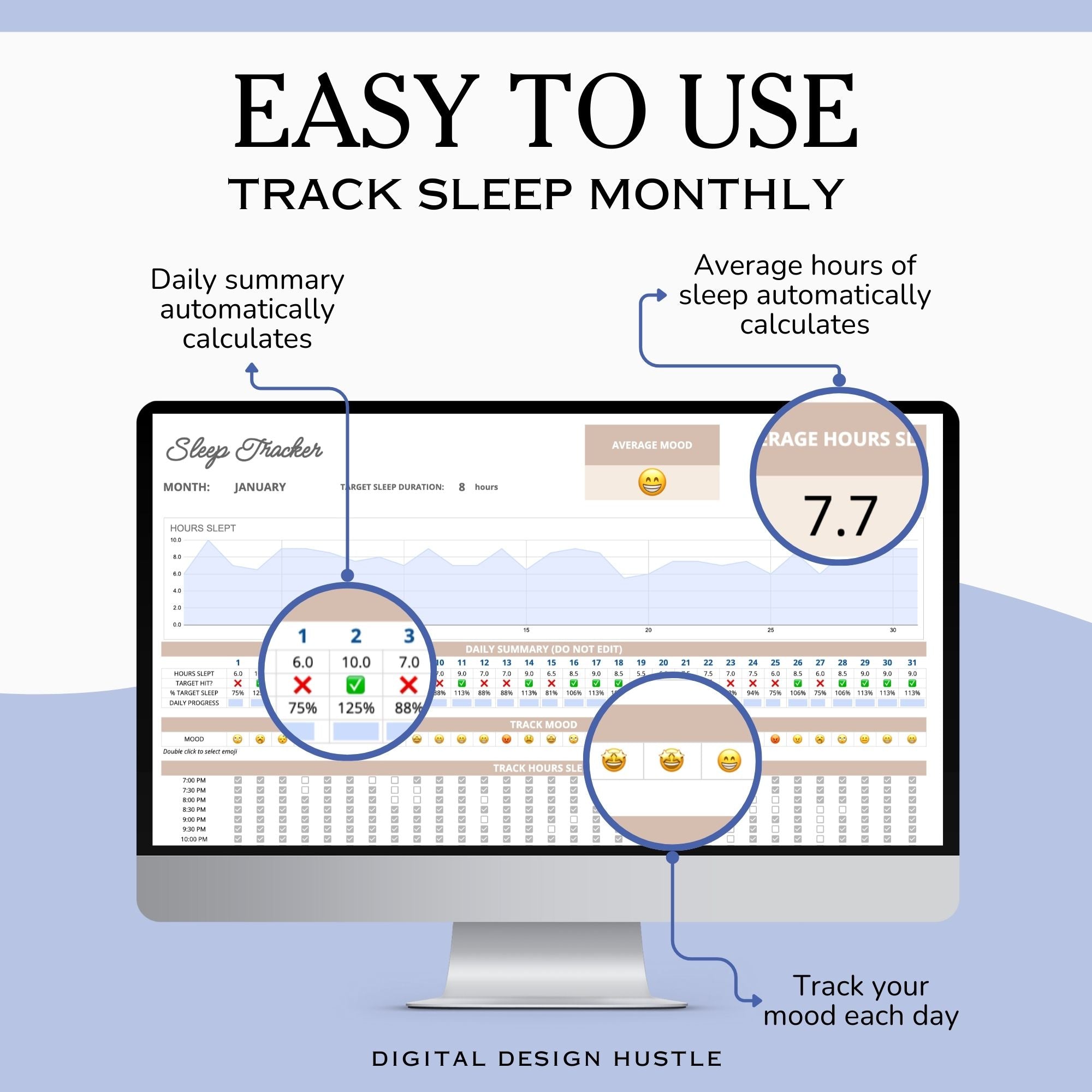 Elevate your sleep monitoring game with our intuitive Sleep Tracker Spreadsheet with mood tracker is tailored for Google Sheets! Our streamlined one-tab planner simplifies the process of tracking your sleep patterns and moods month by month.