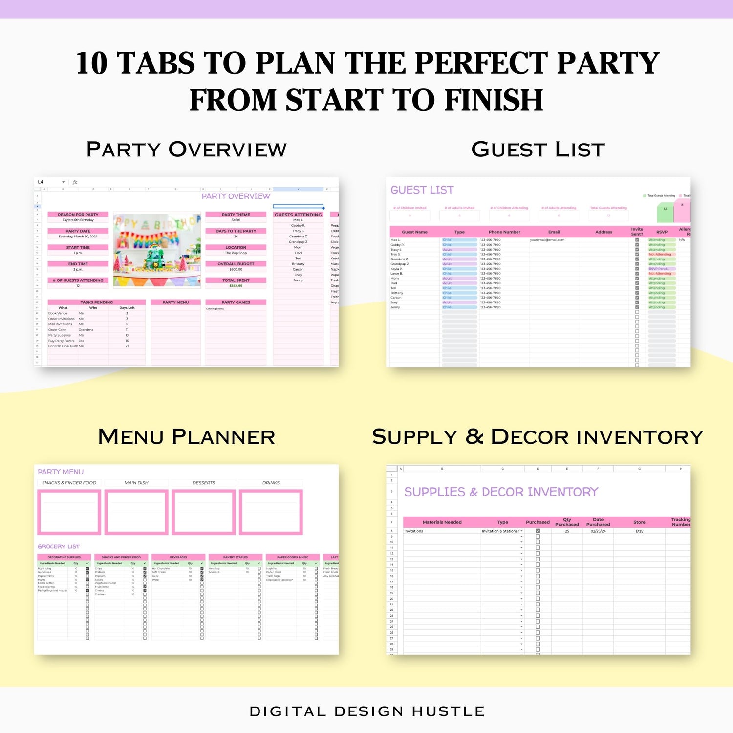 Plan the perfect party effortlessly with our Birthday Party Planning Spreadsheet designed specifically for Google Sheets! This comprehensive Digital Event Planner includes 10 meticulously organized tabs, each tailored to streamline every aspect of your event preparation.