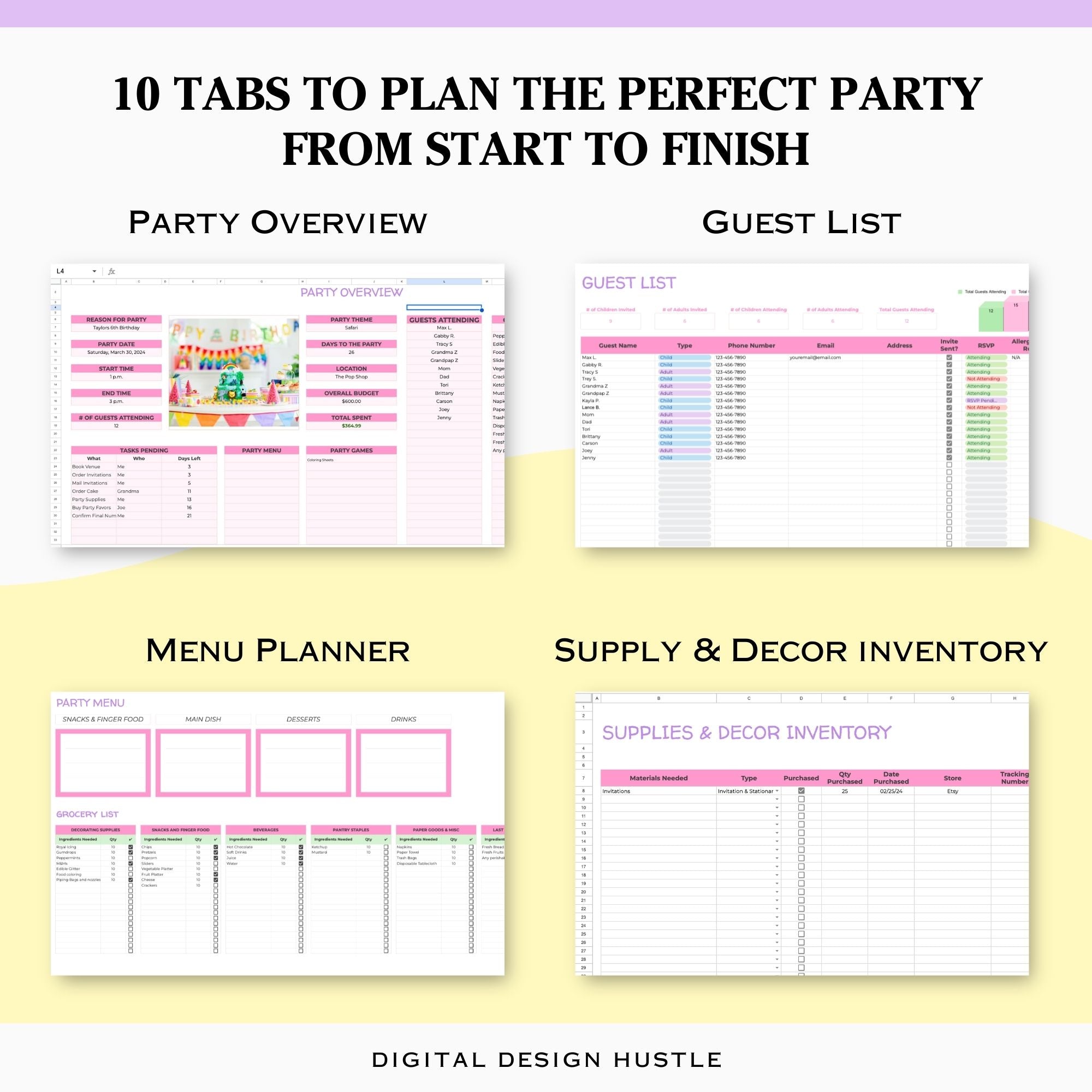 Plan the perfect party effortlessly with our Birthday Party Planning Spreadsheet designed specifically for Google Sheets! This comprehensive Digital Event Planner includes 10 meticulously organized tabs, each tailored to streamline every aspect of your event preparation.