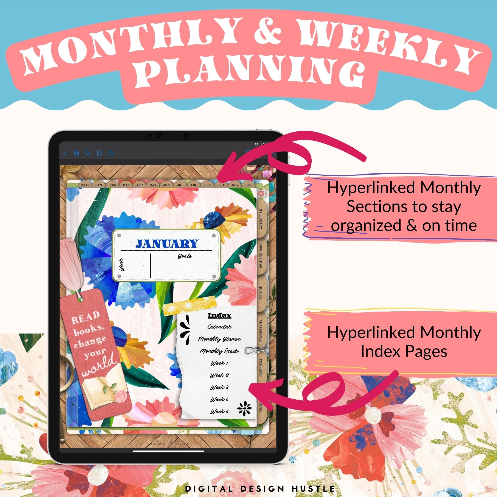 This bright and cheery floral-themed digital reading planner is a fun way to track reading progress, take notes in the digital notebook, and write ideas and thoughts in the digital journal. This 680-page reading planner includes 19 different hyperlinked sections including reading logs, book trackers, and more. 