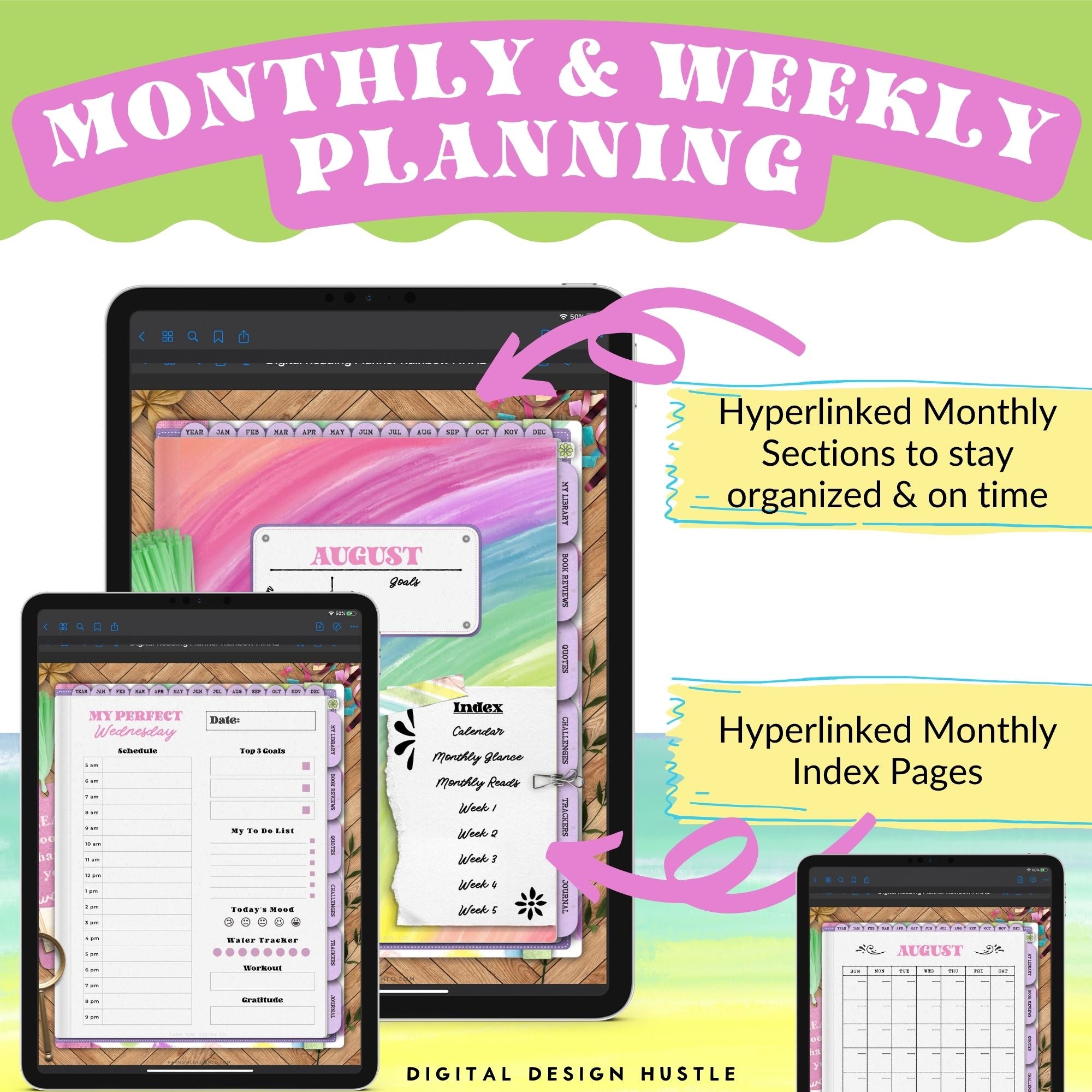 This rainbow digital reading planner is a fun way to track reading progress, take notes in the digital notebook and write thoughts in the digital journal. This planner includes a monthly and daily planner and reading logs, book trackers, and more. Keep track of all your reading lists, activities, goals too.