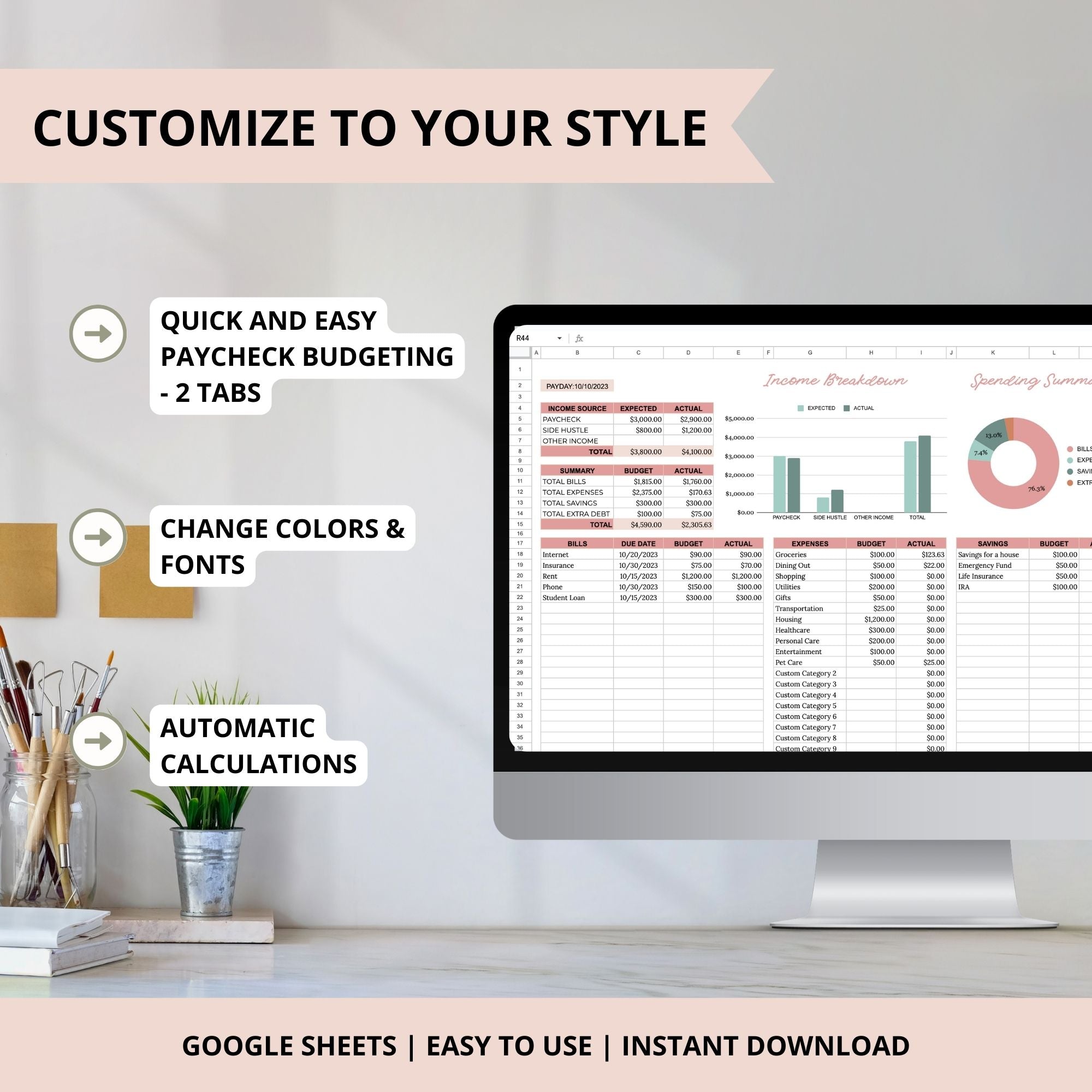 Welcome to our Budget By Paycheck Google Sheets Planner, a powerful tool designed to help you take control of your finances effortlessly. This 2-tab spreadsheet includes a comprehensive Paycheck Budget and an intuitive Expense Tracker, providing you with a holistic approach to managing your finances.