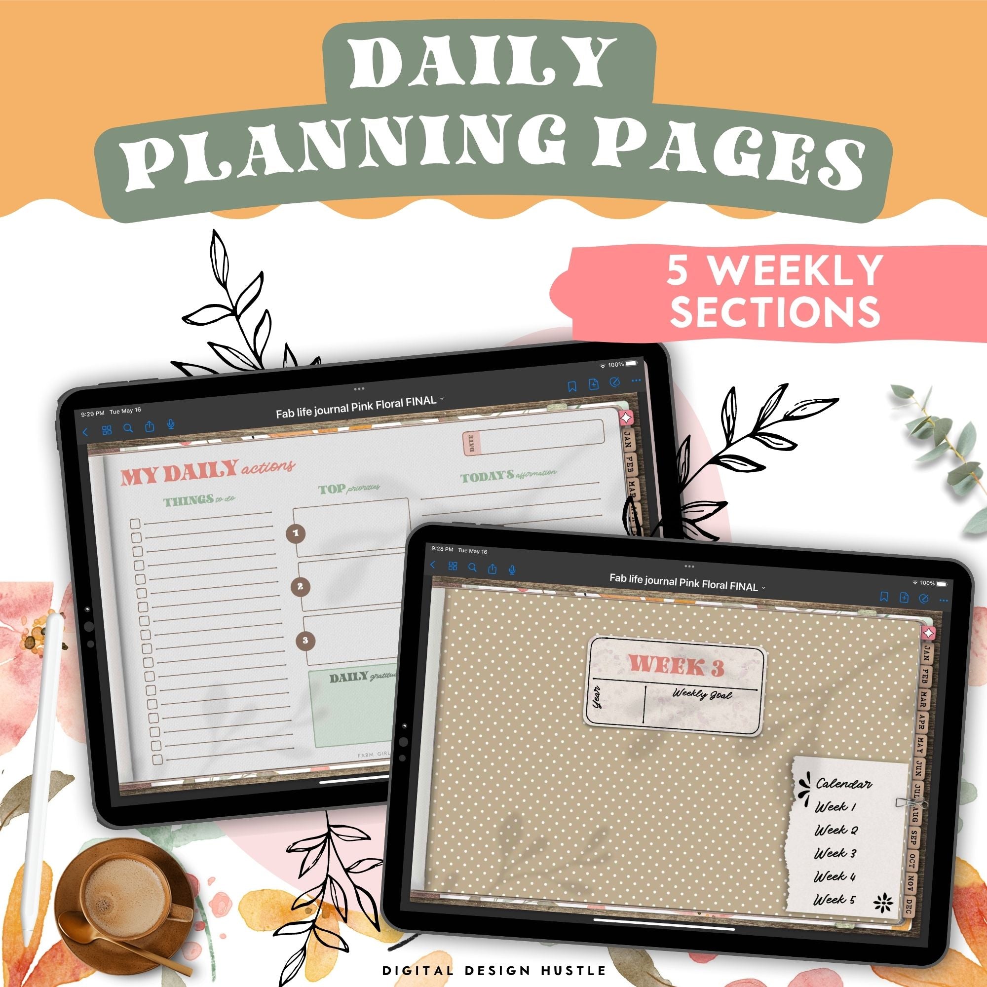 Take care of your mind, body and health with this floral digital gratitude journal. Use this beautifully designed planner to record and take note of your mental health. This self-care planner has 1348 hyperlinked pages for monthly and daily journaling. Track your gratitude for each day of the year.