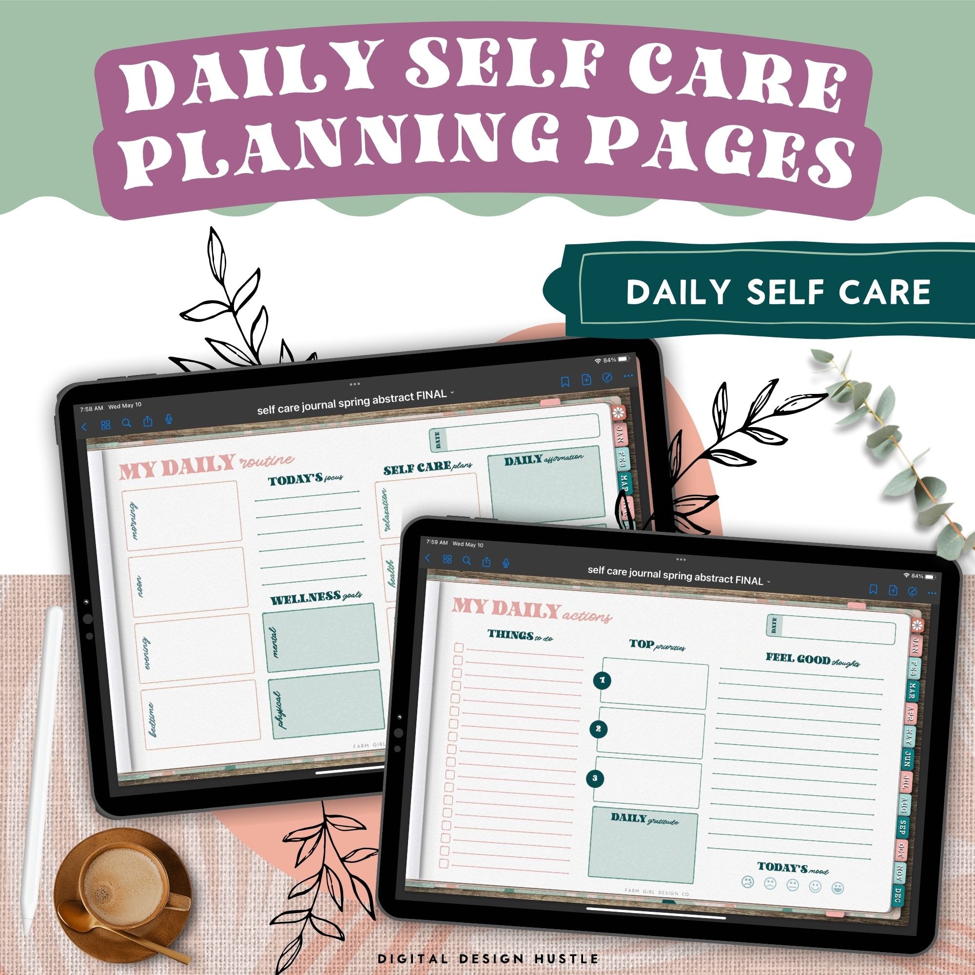 Take care of your mind, body, and health with this spring abstract digital Self Care Journal. Use this beautifully designed planner to record and take note of your mental health. This mindfulness planner has 1767 hyperlinked pages for monthly and daily self-care. Track your mental wellness for each week of the year. 