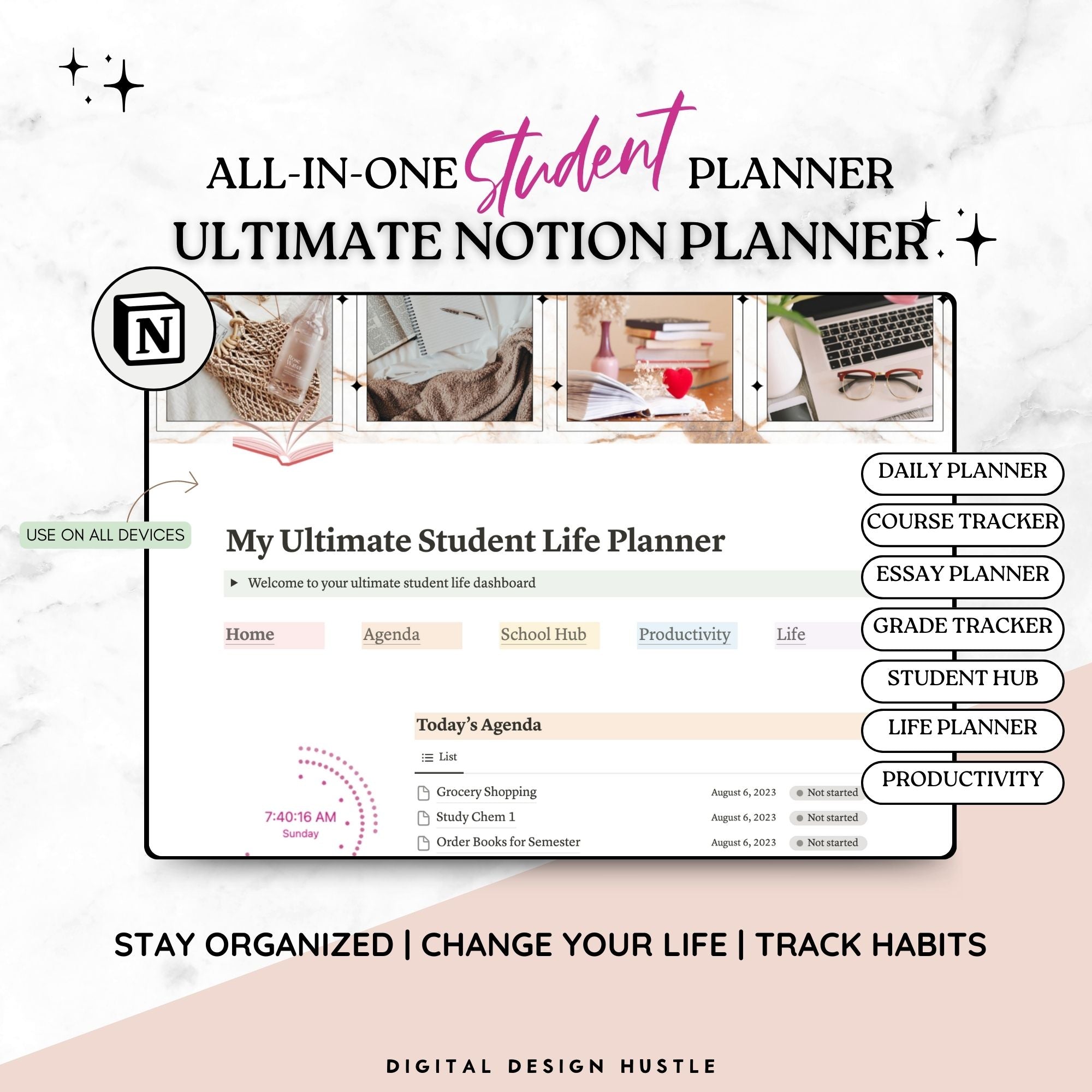 Introducing the Ultimate Notion Student Planner! Stay organized and excel in your studies with our meticulously designed Notion Student Planner. Crafted to meet the unique needs of students like you, this digital planner is the perfect tool to help you navigate through your academic journey seamlessly.