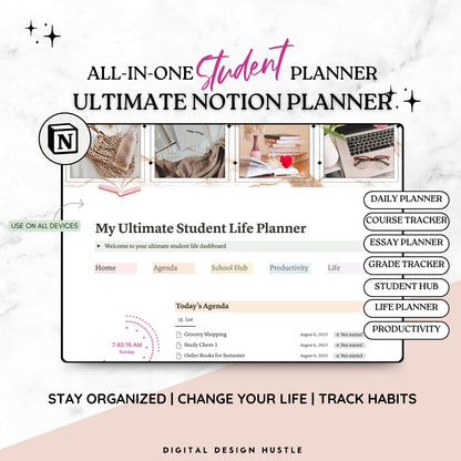Introducing the Ultimate Notion Student Planner! Stay organized and excel in your studies with our meticulously designed Notion Student Planner. Crafted to meet the unique needs of students like you, this digital planner is the perfect tool to help you navigate through your academic journey seamlessly.