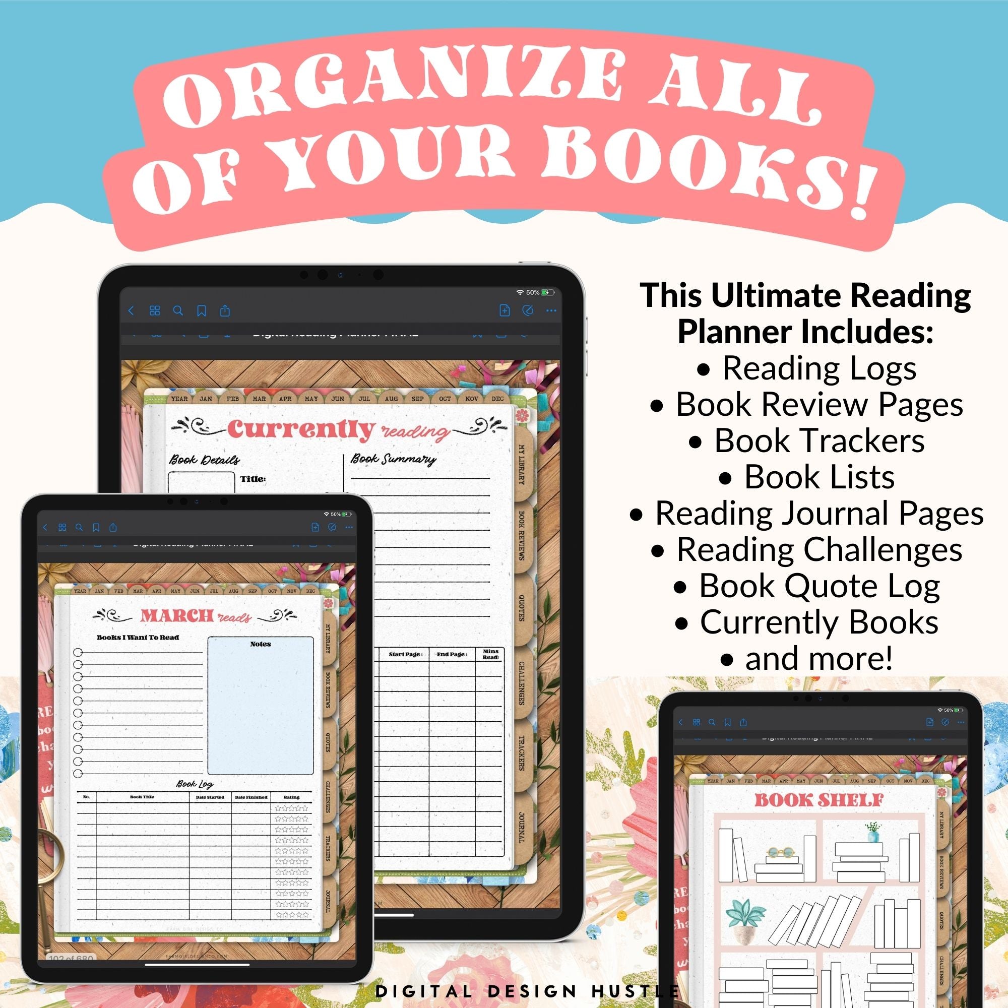 This bright and cheery floral-themed digital reading planner is a fun way to track reading progress, take notes in the digital notebook, and write ideas and thoughts in the digital journal. This 680-page reading planner includes 19 different hyperlinked sections including reading logs, book trackers, and more. 