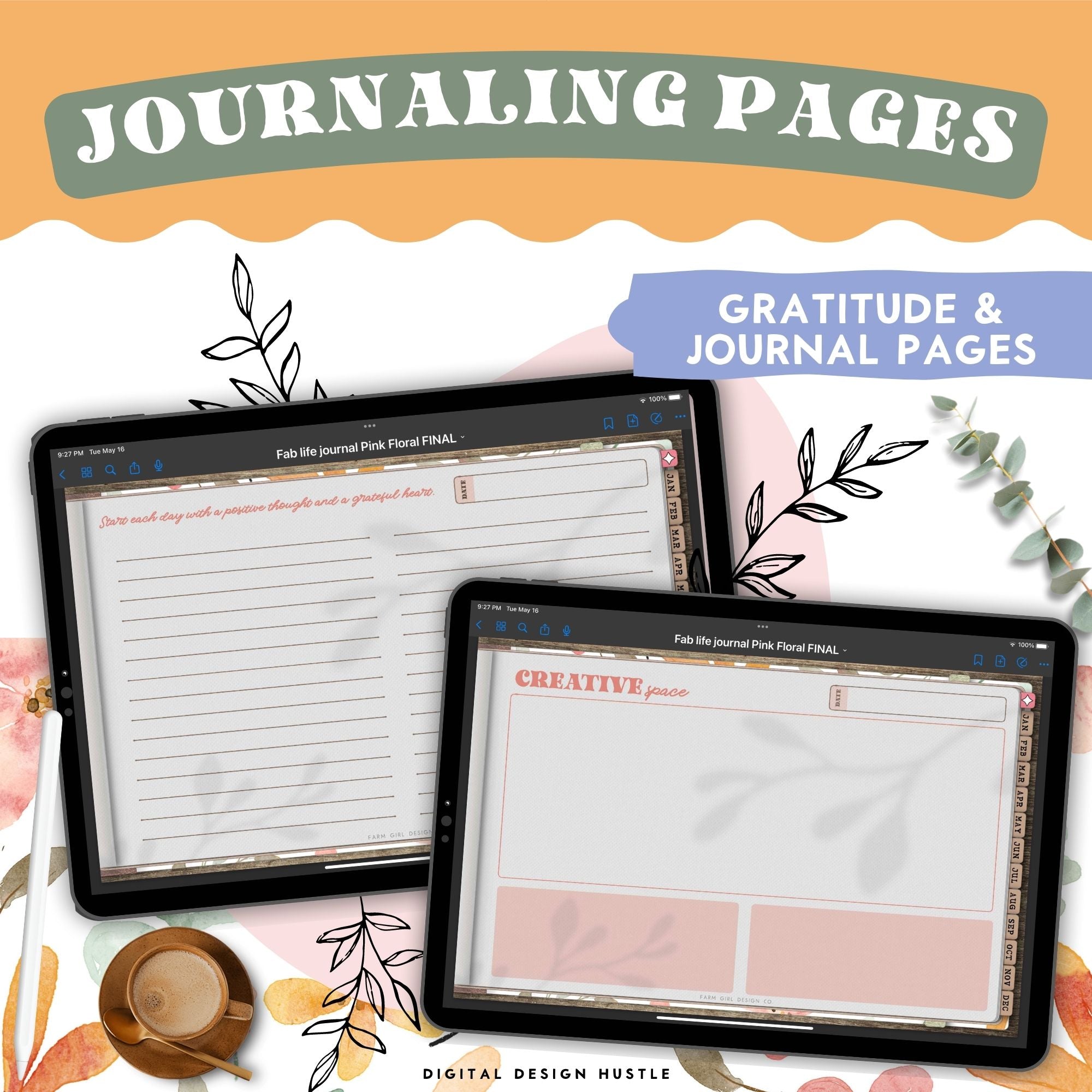 Take care of your mind, body and health with this floral digital gratitude journal. Use this beautifully designed planner to record and take note of your mental health. This self-care planner has 1348 hyperlinked pages for monthly and daily journaling. Track your gratitude for each day of the year.