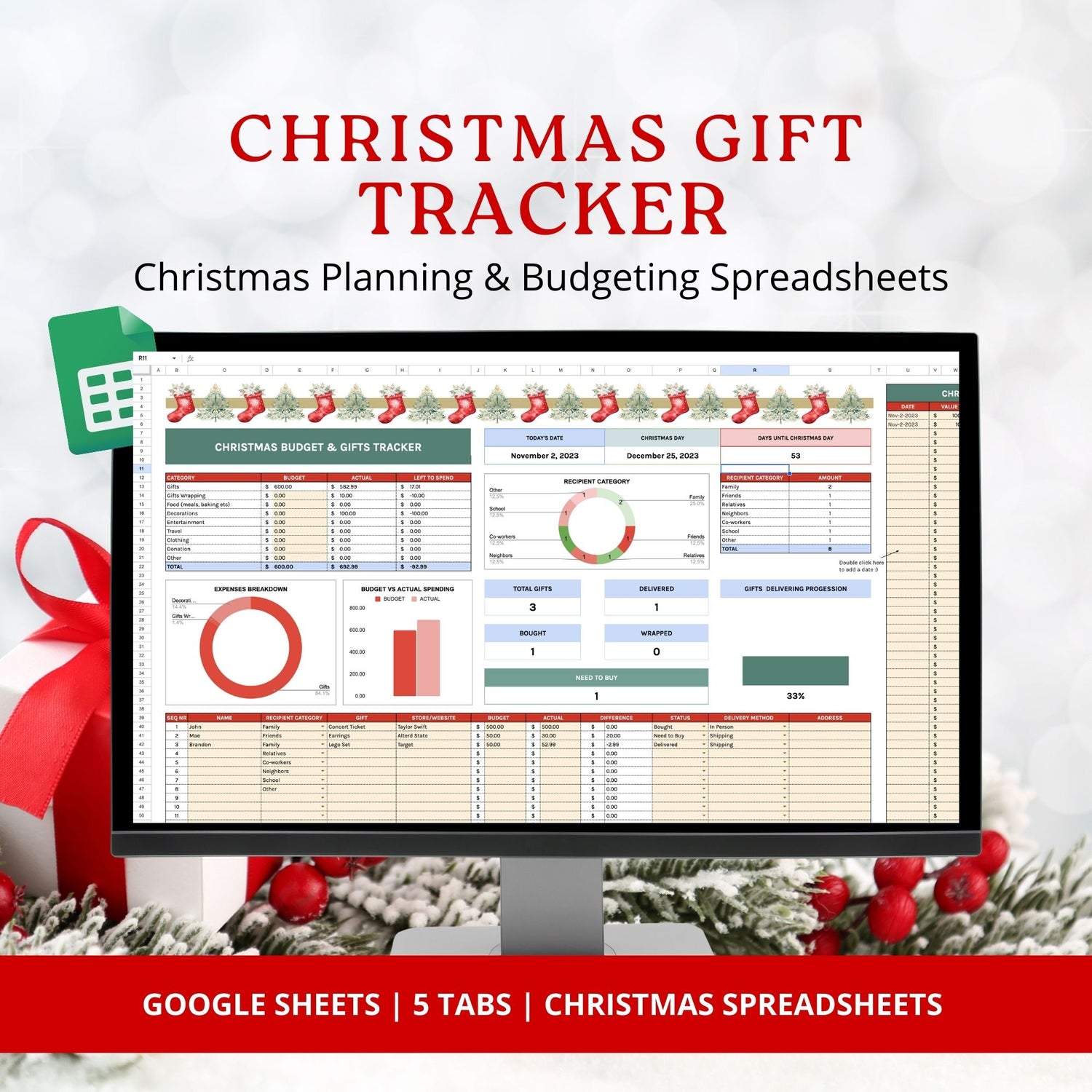 Welcome to the ultimate digital Christmas Planner Spreadsheet for Google Sheets! This comprehensive planner is your go-to solution for a stress-free and organized holiday season. With five dedicated tabs, it&