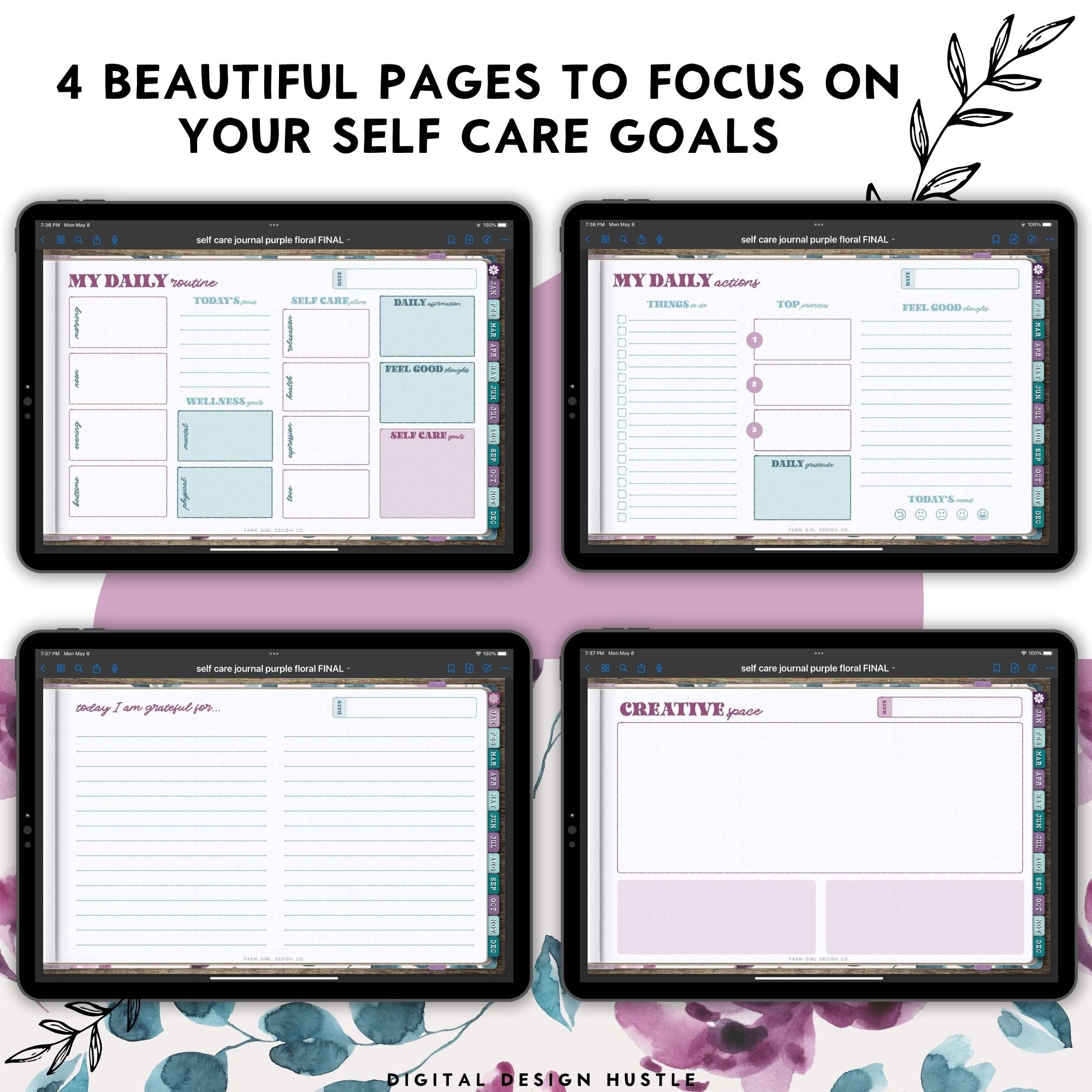 Take care of your mind, body, and health with this floral watercolor digital Self Care Journal. Use this beautifully designed planner to record and take note of your mental health. This digital self-care planner has 1767 hyperlinked pages for monthly and daily self-care. 