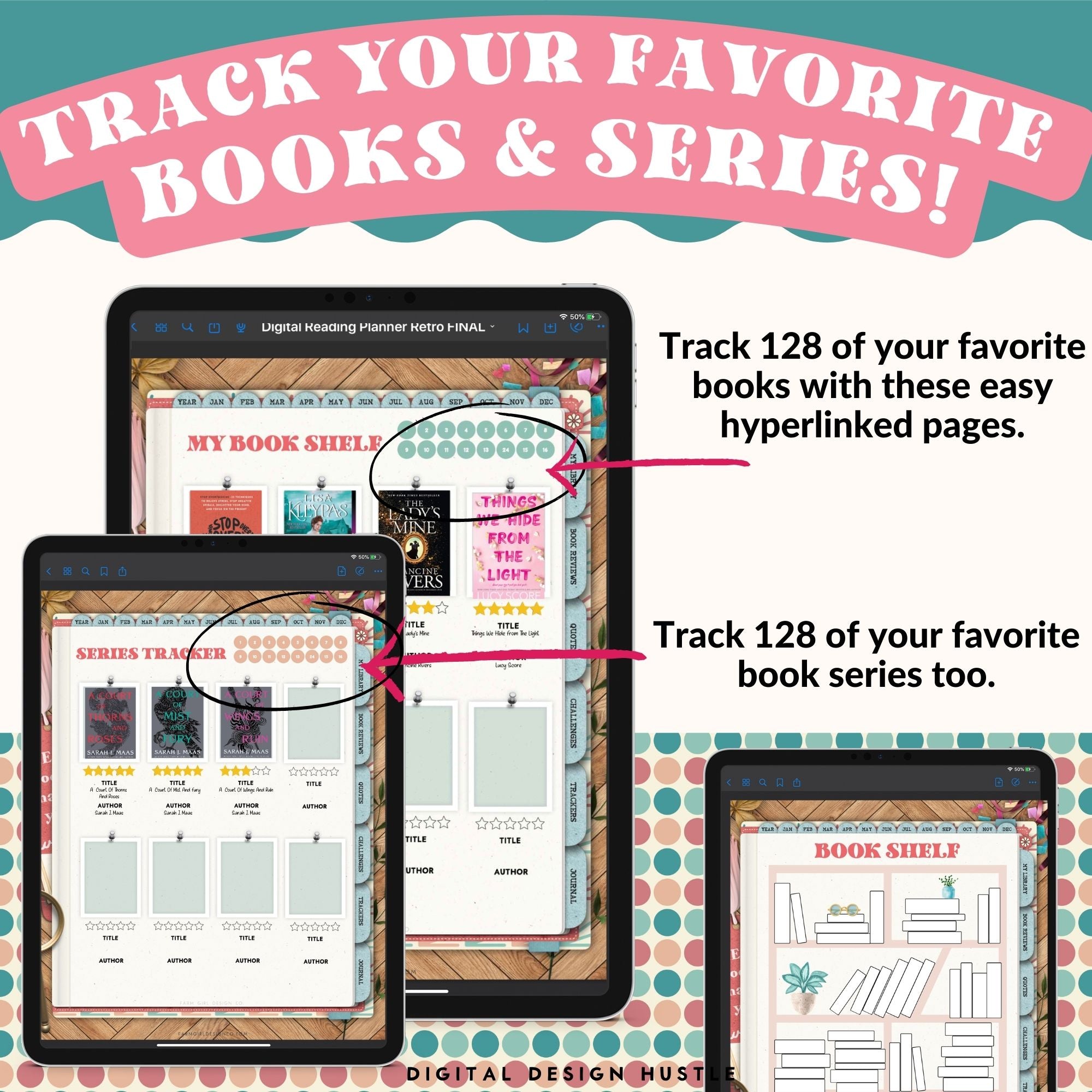This cool retro-themed digital reading planner is a fun way to track reading progress, take notes, and write ideas and thoughts in the digital journal. This 680-page reading planner includes 19 hyperlinked sections including reading logs, book trackers, and more. 