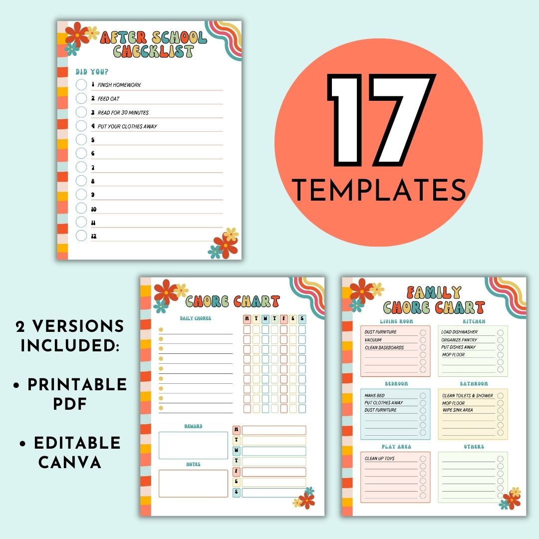 Introducing our retro themed Family Chore Chart Bundle - the ultimate tool to streamline household responsibilities and instill valuable life skills in your children! This comprehensive package includes a whopping 17 different chore chart checklists to cater to your family&