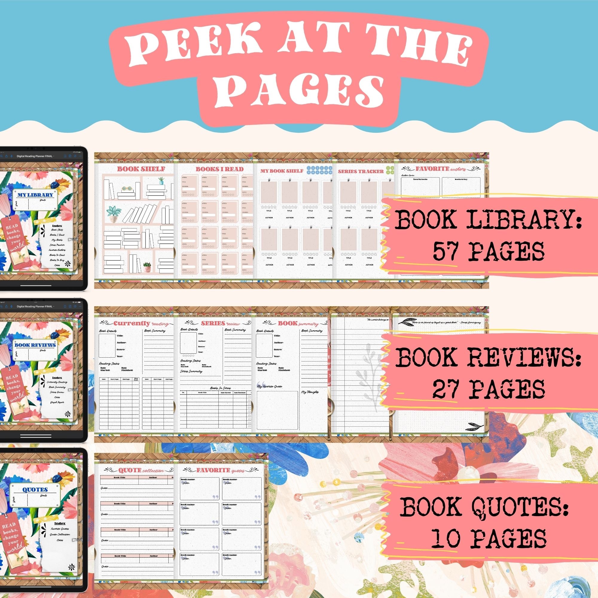 This bright and cheery floral-themed digital reading planner is a fun way to track reading progress, take notes in the digital notebook, and write ideas and thoughts in the digital journal. This 680-page reading planner includes 19 different hyperlinked sections including reading logs, book trackers, and more. 