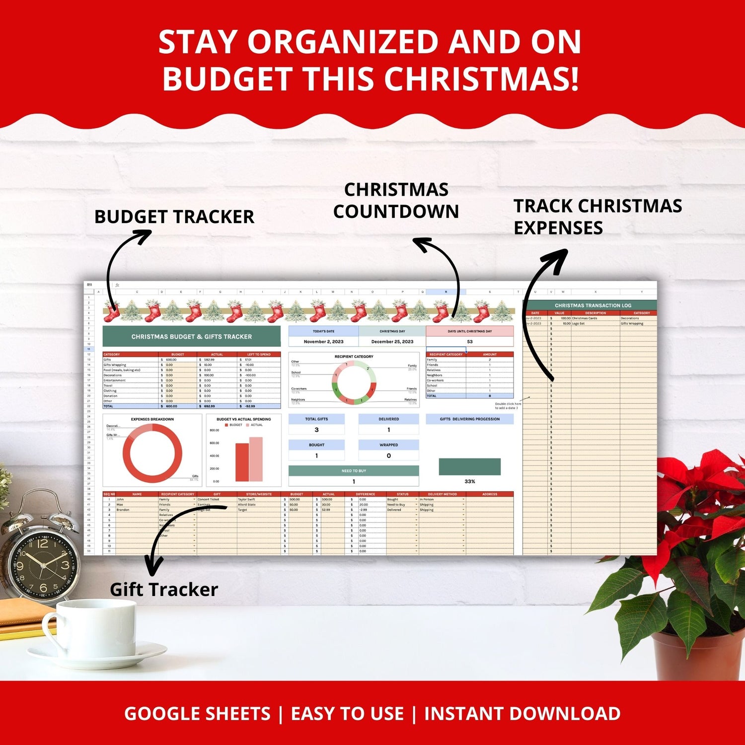 Christmas Budget Planner &amp; Gift Tracking Spreadsheet