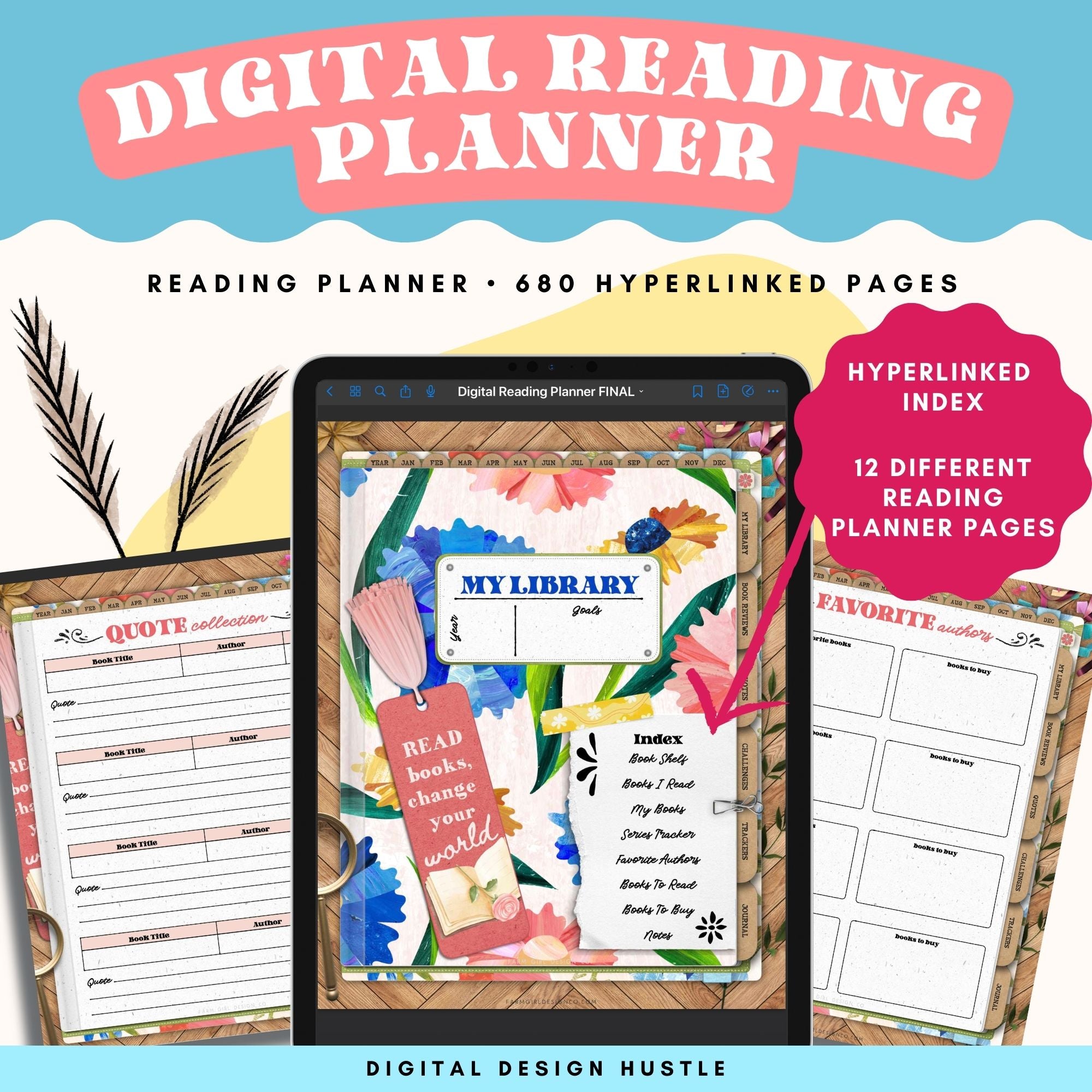 This bright and cheery floral-themed digital reading planner is a fun way to track reading progress, take notes in the digital notebook, and write ideas and thoughts in the digital journal. This 680-page reading planner includes 19 different hyperlinked sections including reading logs, book trackers, and more. 