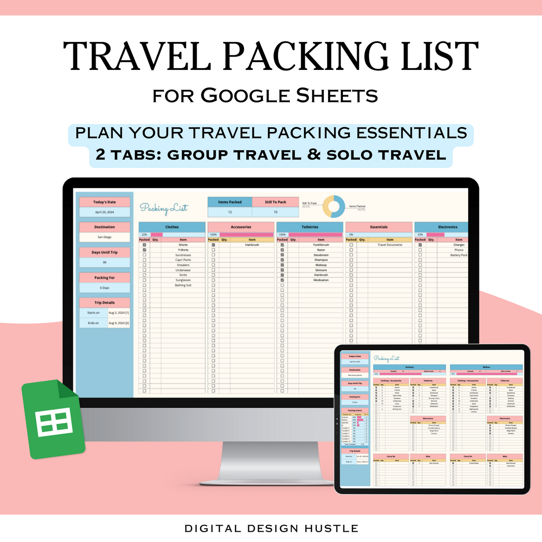 Are you tired of the pre-trip chaos and the post-trip panic of forgotten essentials? Our Trip Packing List Spreadsheet for Google Sheets is here to save the day.Two Versions Included:Group Packing List: Perfect for family vacations or group travel, up to 10 travelers. Solo Packing List: Tailored for solo adventurers or those who simply require a more extensive packing checklist. 
