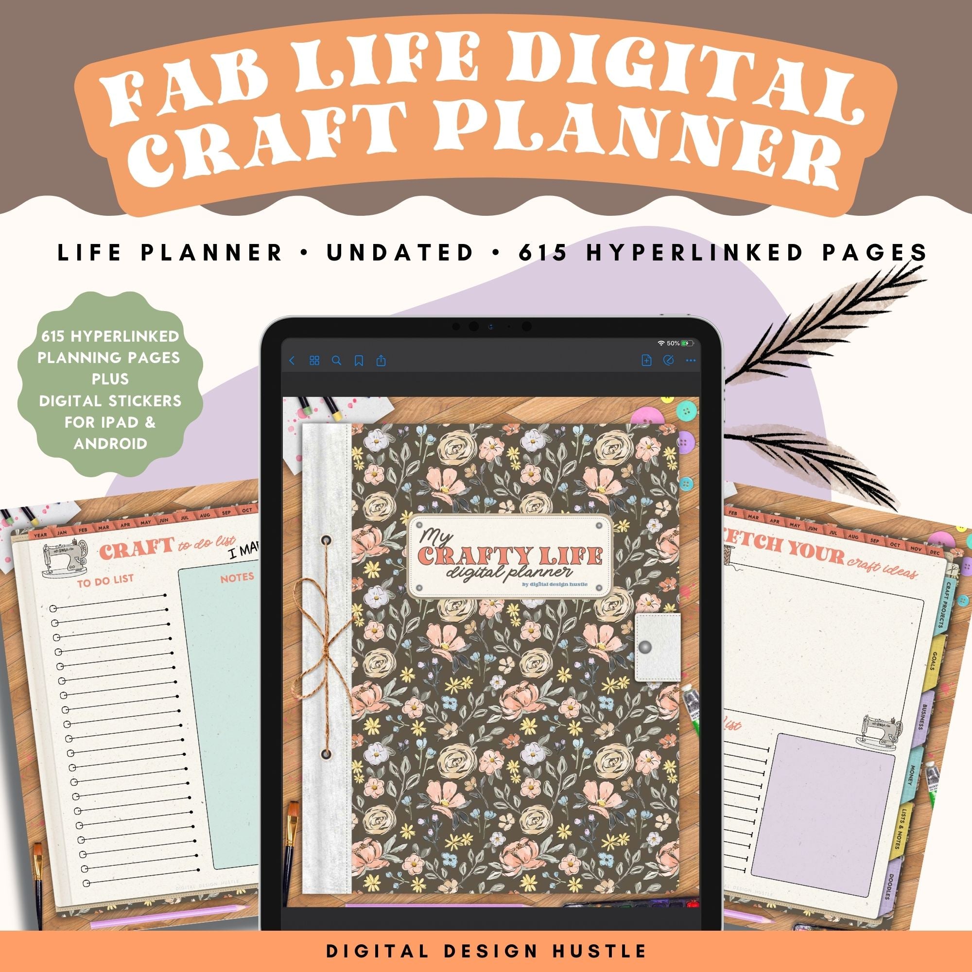 Plan out all of your craft projects quickly and efficiently with this 615-page Digital Craft Planner. 19 Sections to manage all of your craft projects, sewing projects, knitting projects, scrapbooking and more including Schedule, Projects, Money, Business, Lists, and Doodles plus 625 matching digital stickers.