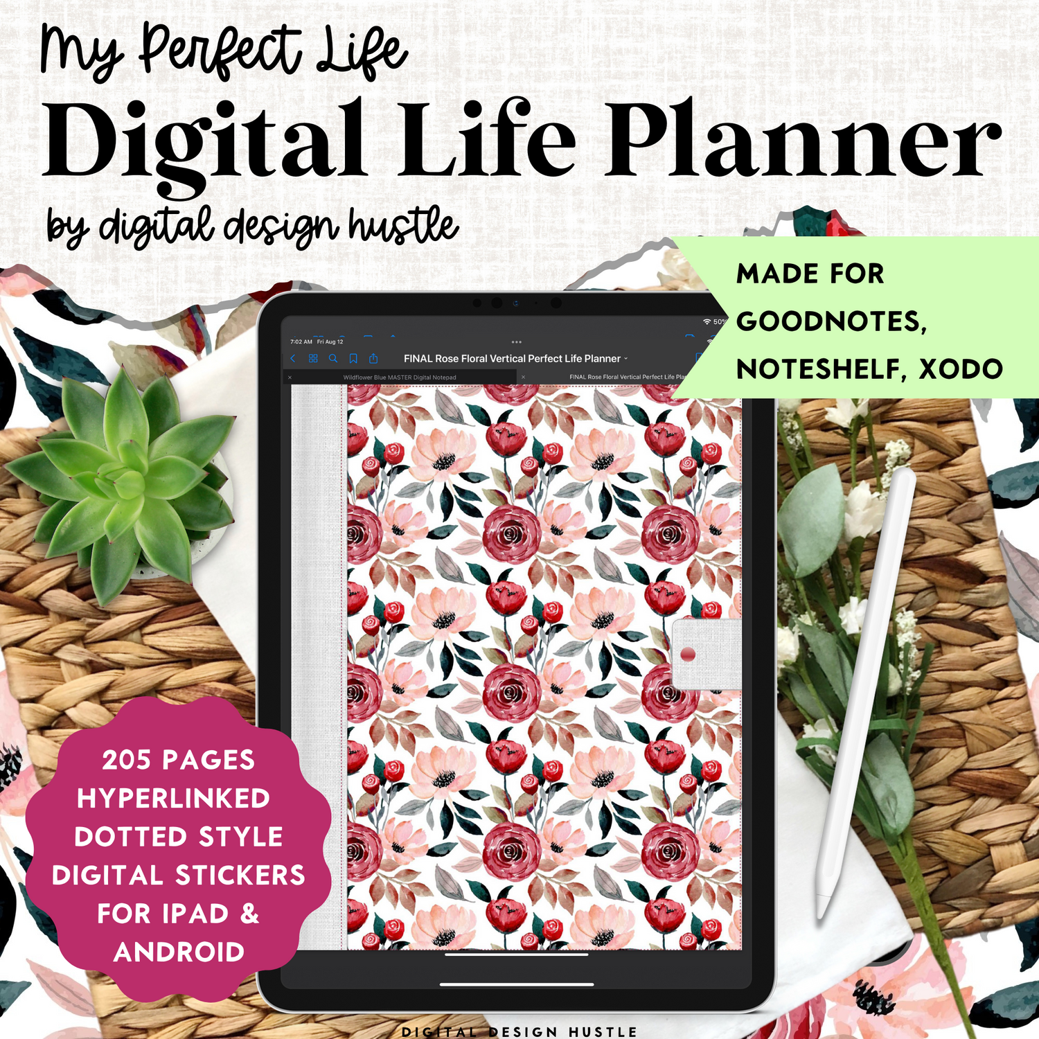 Plan your perfect day with this Floral Rose Digital Planner With Digital Stickers. This undated portrait-style digital planner has all the tools you need to get organized in your life. This All In One Digital Lifestyle Planner will help you focus on your yearly, monthly, weekly &amp; daily plans as well as goals, finances, lifestyle, wellness, business, mindset and more.