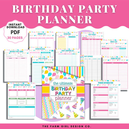 Plan the best birthday party on the block with this printable birthday party planner. This 30-page printable planner is available in two PDF formats: US Letter &amp; A4. Track your party budget, guest list, party menu and more with this helpful digital party planner. 