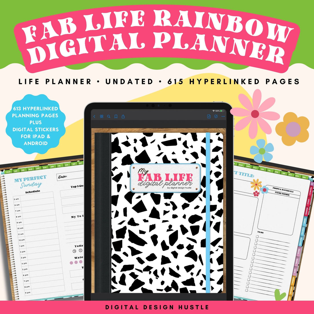 Plan your perfect day with this digital rainbow-themed Digital Life Planner. This undated digital planner has all the tools you need to get organized in your life.