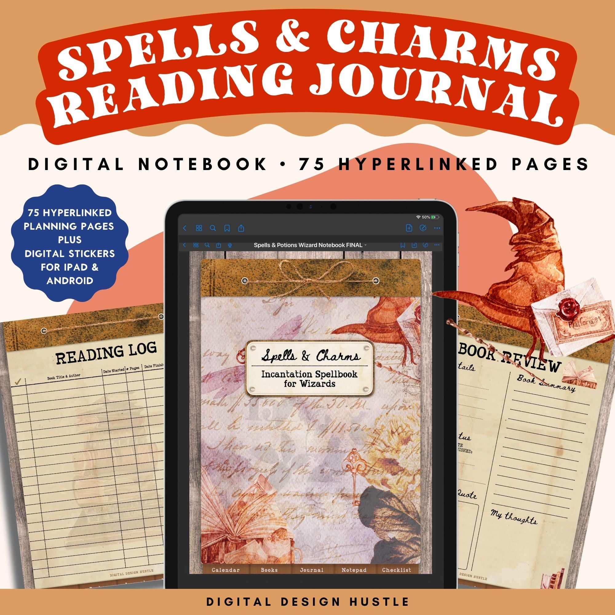 Welcome to the Sorcerers School of Wizardry! This Wizard School digital reading journal for wizards and sorcerers is a fun way to track reading progress, take notes in the digital notebook and write mythical spells and charms in the digital journal.