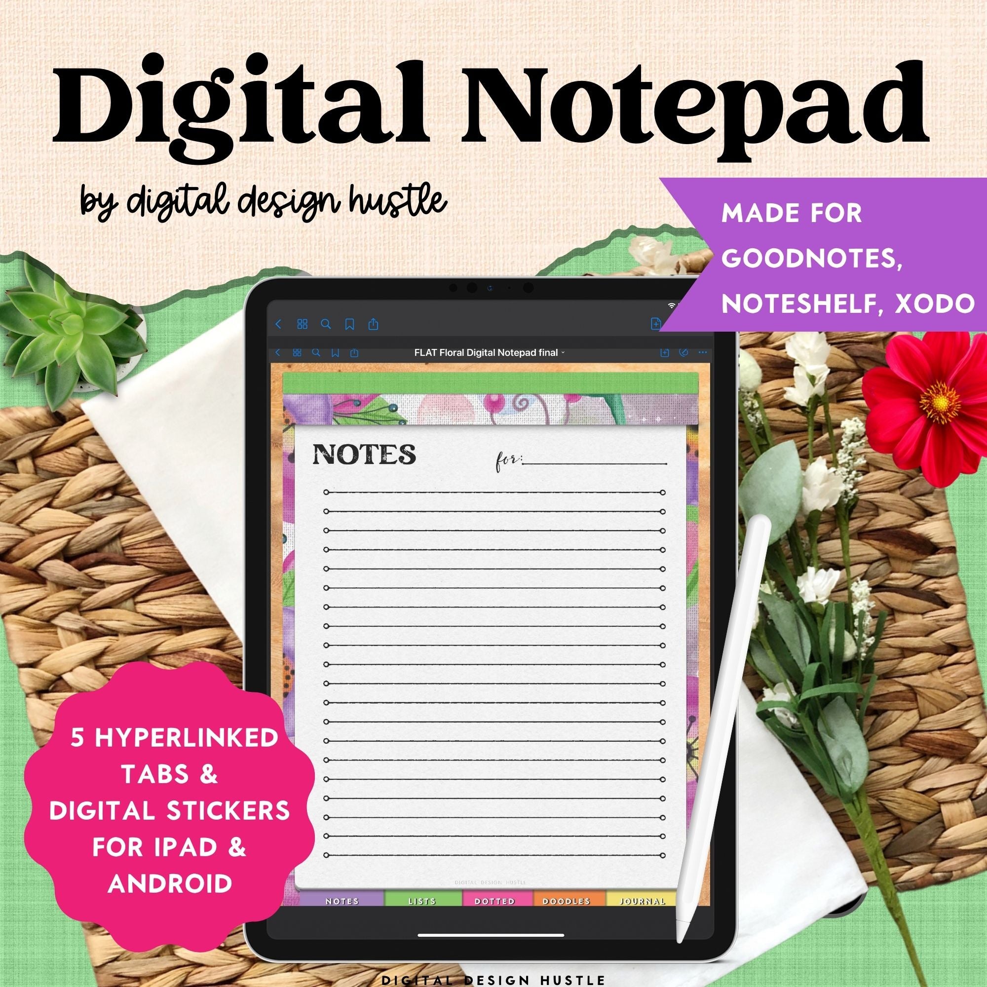 Floral Digital Notepad With Digital Stickers