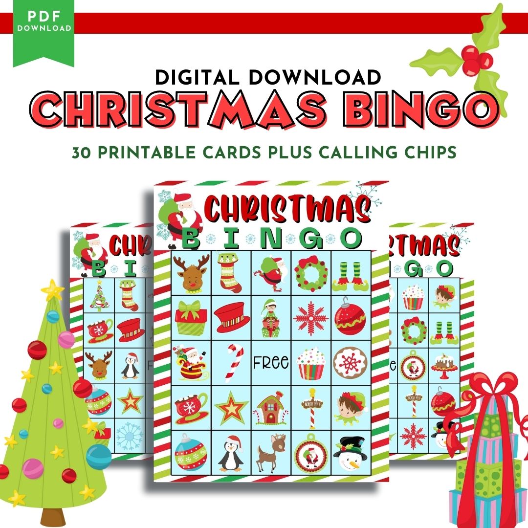 Kids and adults will love playing Christmas Bingo. This printable BINGO game will provide hours of fun for kids. This bingo card set includes 30 different bingo cards plus calling card/chips. The cards can be laminated for continued fun and use. Bingo game for kids. This is a perfect printable classroom game or activity for Sunday School, or homeschool.