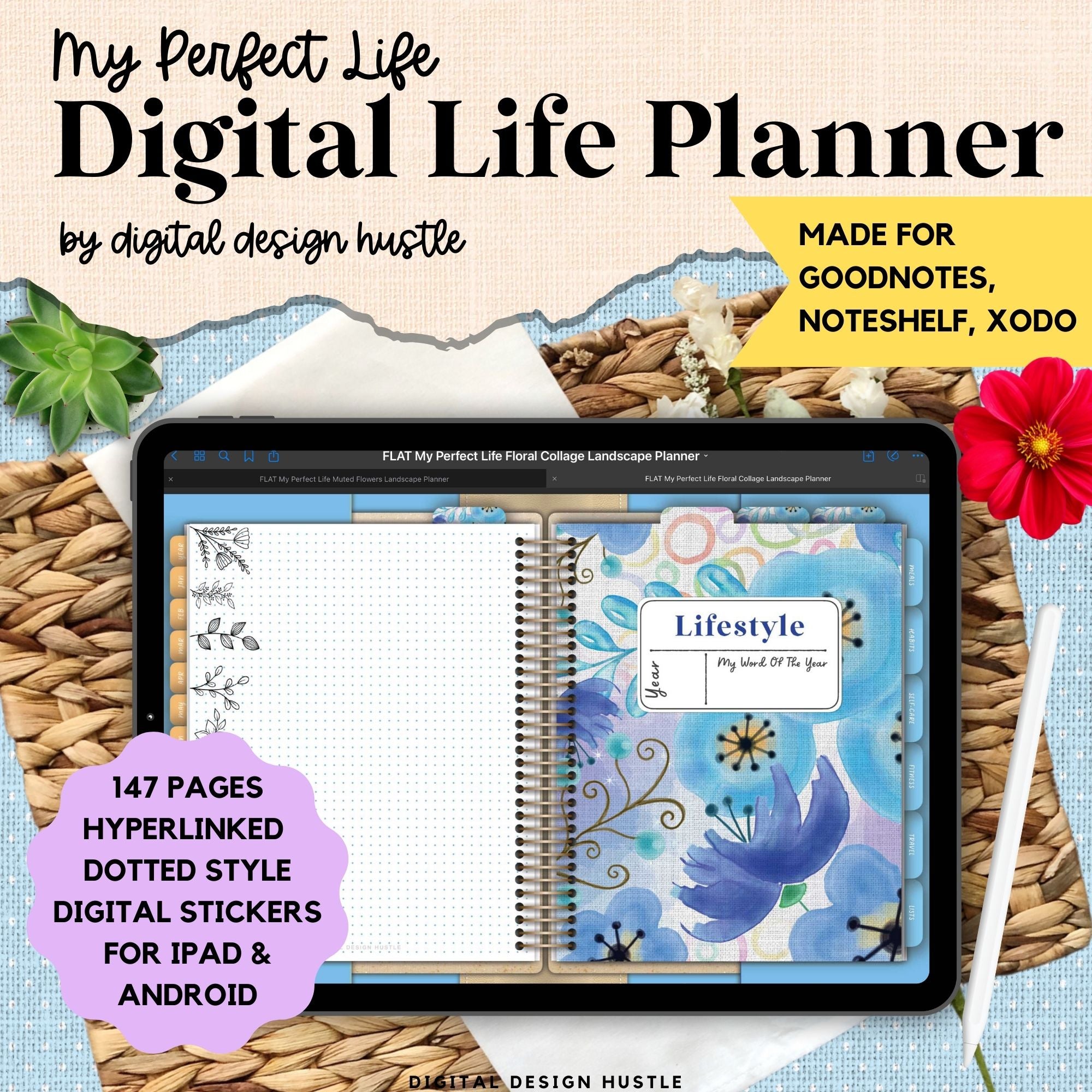 Plan your perfect day with this Blue Floral Collage Digital Landscape Planner With Digital Stickers. This undated digital planner has all the tools you need to get organized in your life. This All In One Digital Planner will help you focus on your yearly, monthly, weekly &amp; daily plans as well as goals, finances, lifestyle, wellness, business, mindset and more. This makes a great parent planner for busy moms who want to stay organized.