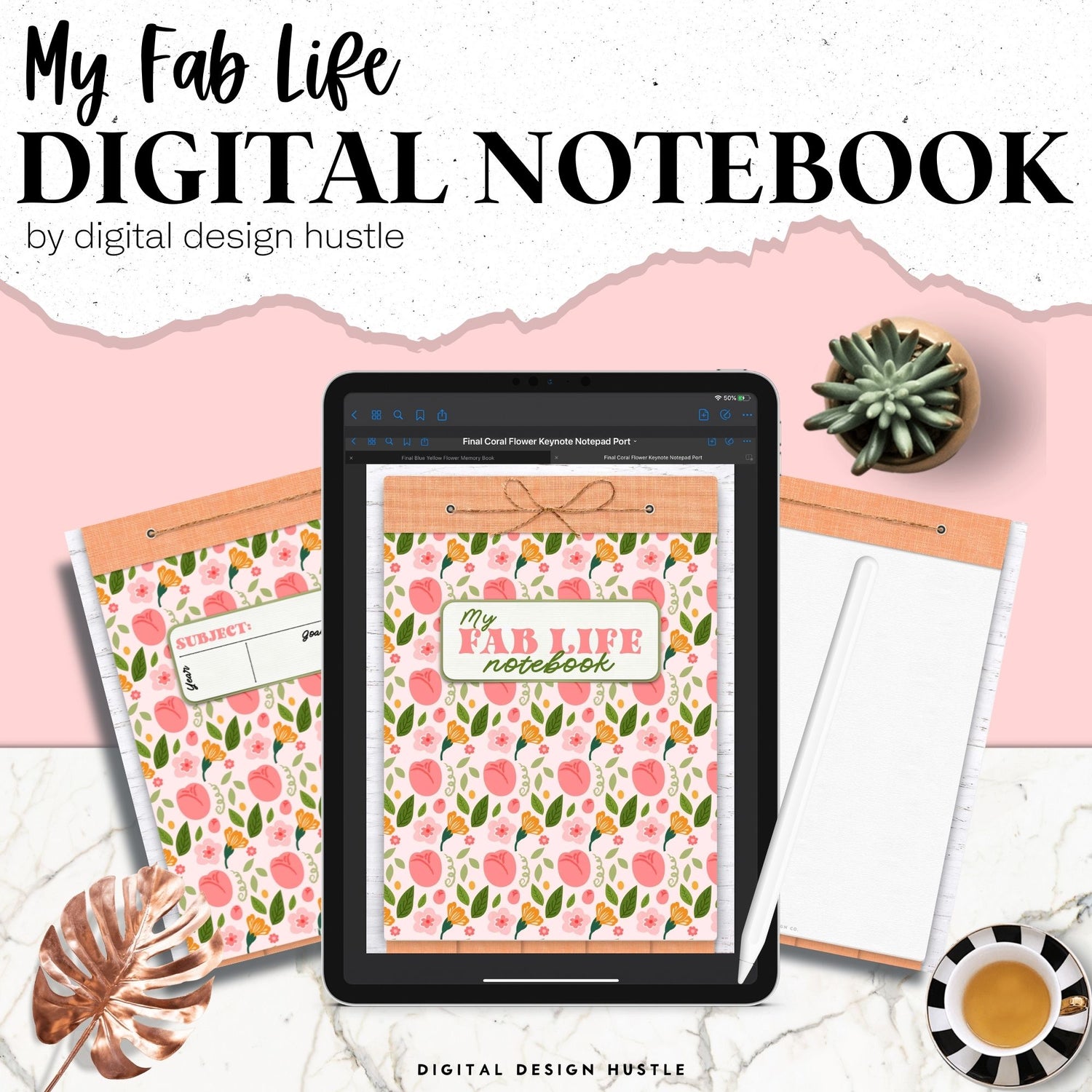 Take note of this pretty coral flower digital planning notebook set. This digital notebook contains 5 different notebook styles: Blank, Bullet Journal, Lined Notebook, Bullet Journal and Cornell Note Paper. Keep track of all your lists, activities, goals, and day to day life with this fun digital notebook.