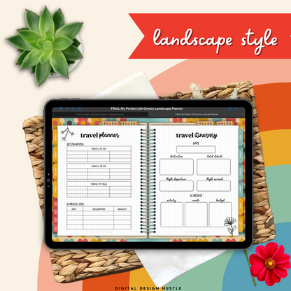 Groovy Flowers Undated Digital Landscape Planner With Digital Stickers