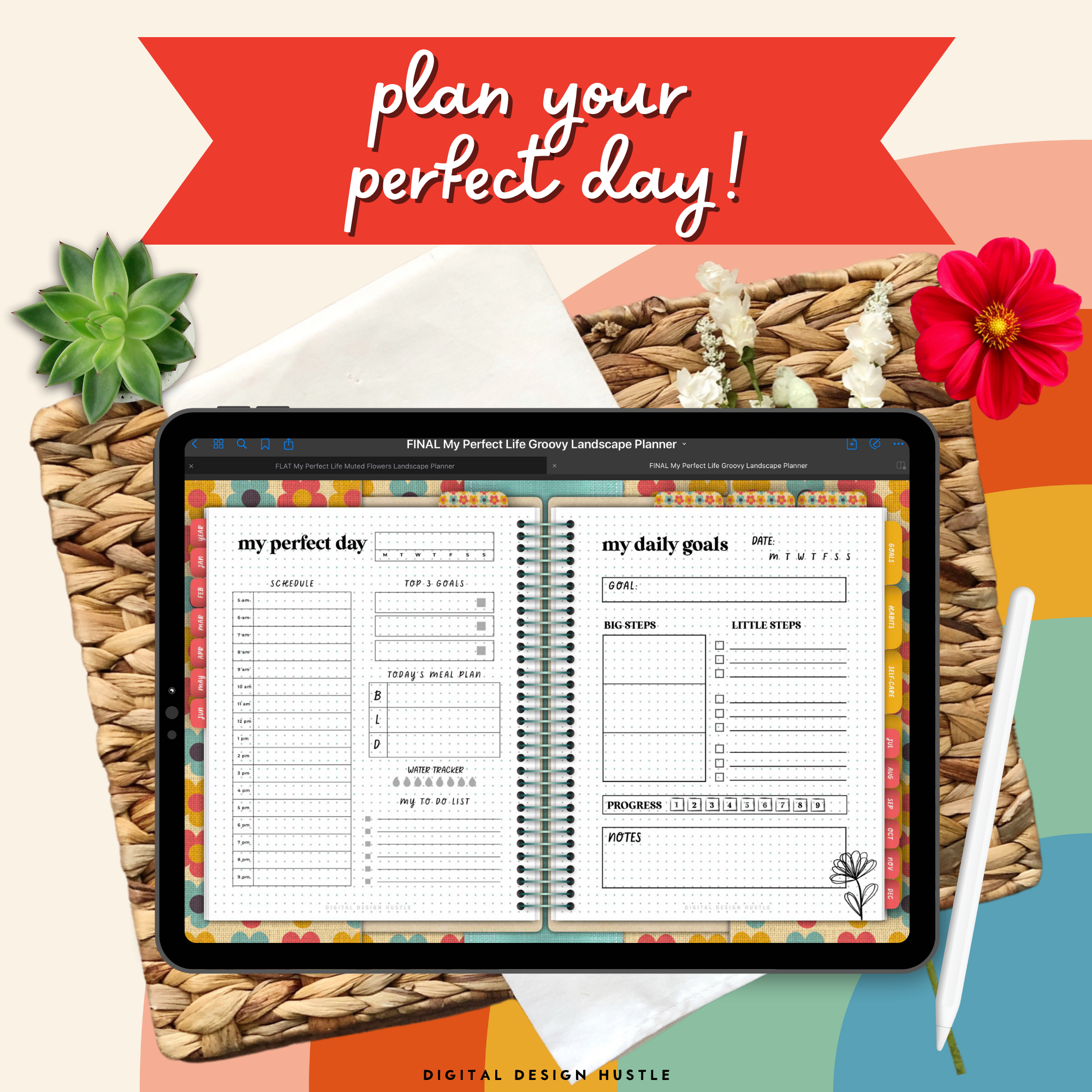 Groovy Flowers Undated Digital Landscape Planner With Digital Stickers