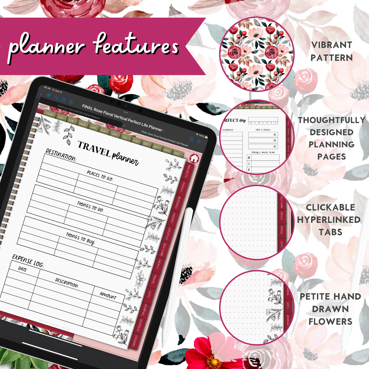 Floral Rose Digital Planner With Digital Stickers