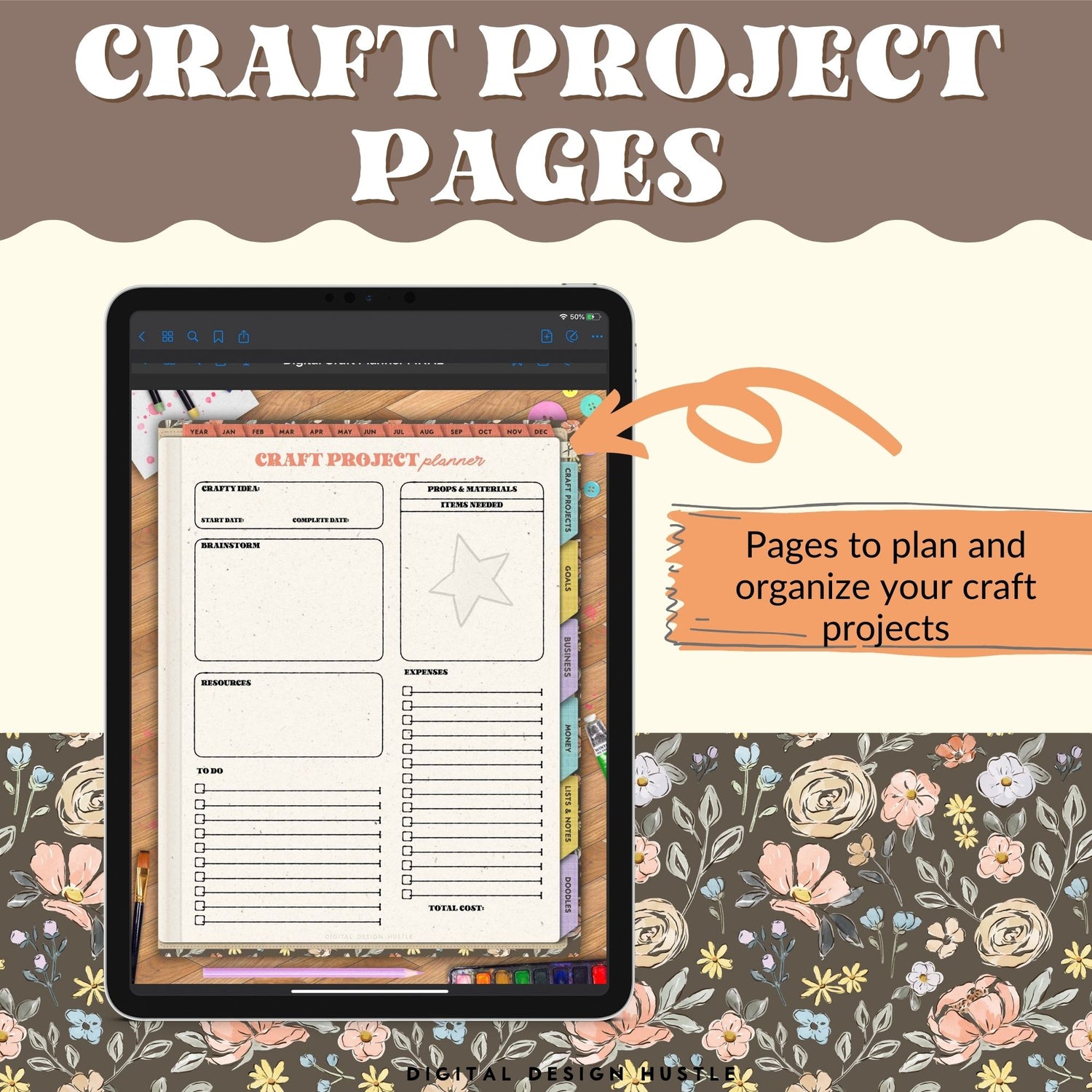 Plan out all of your craft projects quickly and efficiently with this 615-page Digital Craft Planner. 19 Sections to manage all of your craft projects, sewing projects, knitting projects, scrapbooking and more including Schedule, Projects, Money, Business, Lists, and Doodles plus 625 matching digital stickers.