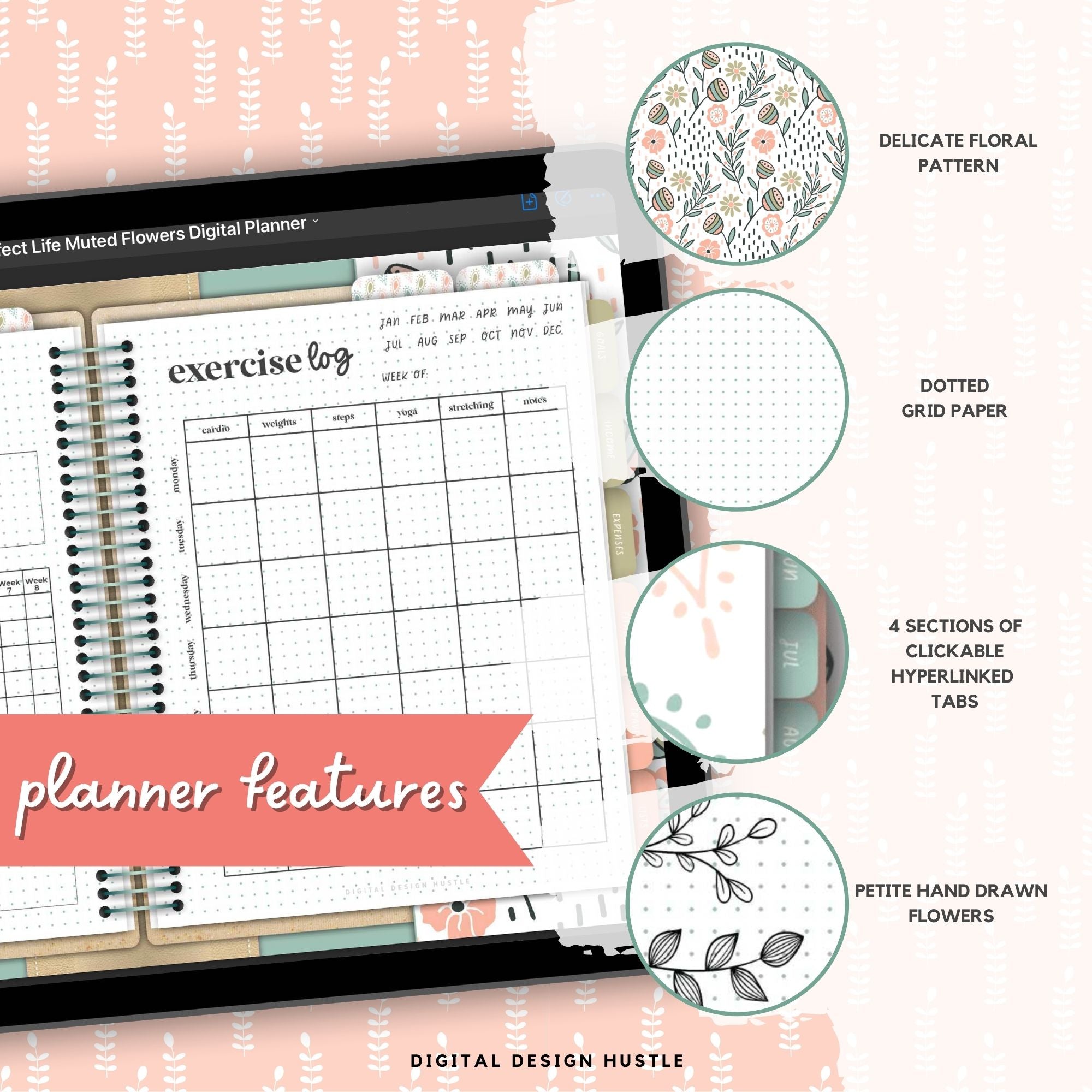 Muted Flowers Digital Landscape Planner With Digital Stickers