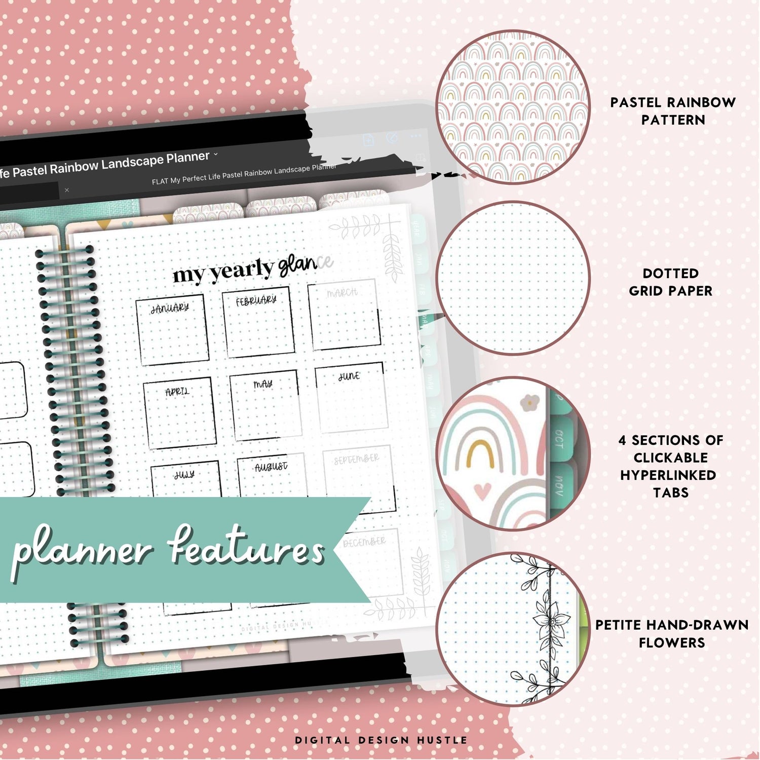 Pastel Rainbows Undated Digital Landscape Planner With Digital Stickers