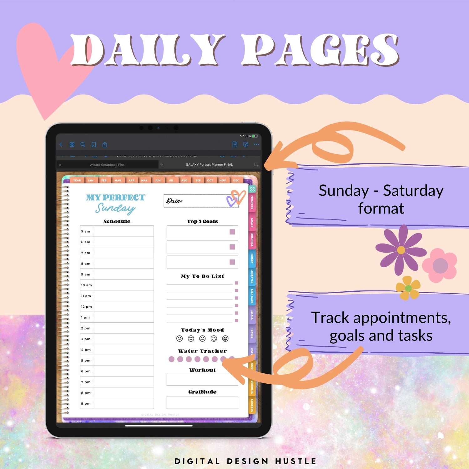Plan your perfect day with this digital galaxy print Digital Life Planner. This undated digital planner has all the tools you need to get organized in your life. This All In One Digital Planner will help you focus on your yearly, monthly, weekly &amp; daily plans as well as goals, finances, lifestyle, wellness, business, mindset and more.
