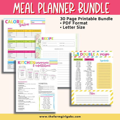 This Printable Meal Planner Bundle will help organize your meals, grocery shopping and cooking needs. This 30-page meal planner will save you time in the kitchen too.